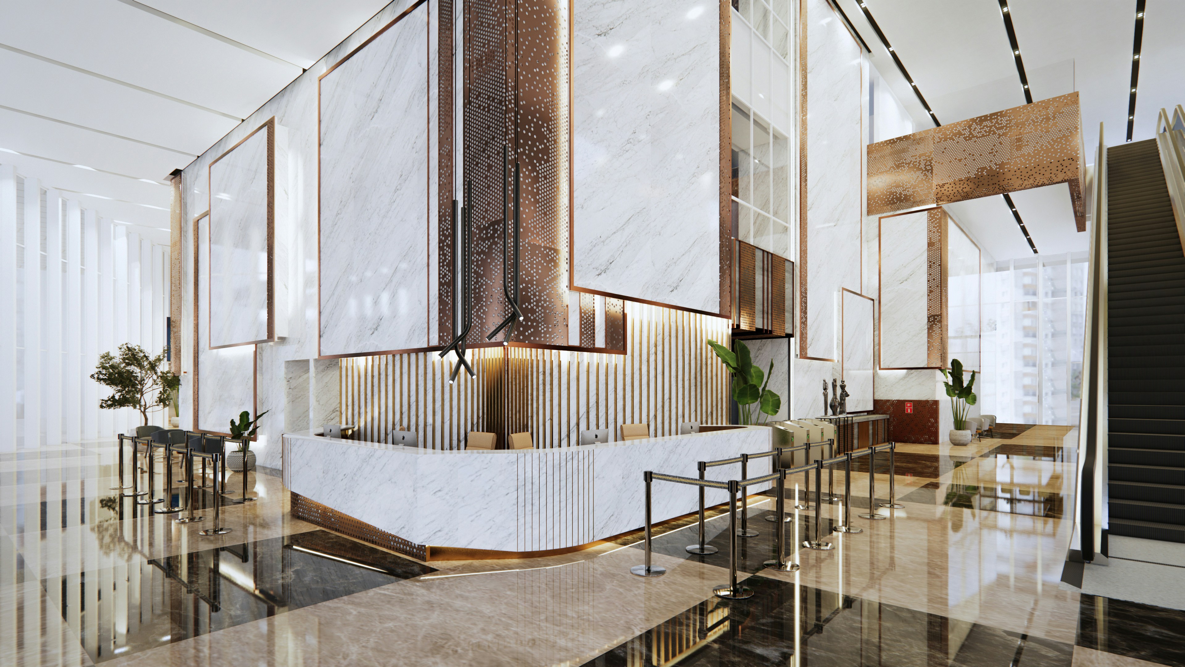 Modern lobby with marble and wood