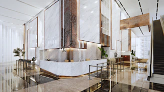 Modern lobby with marble and wood accents