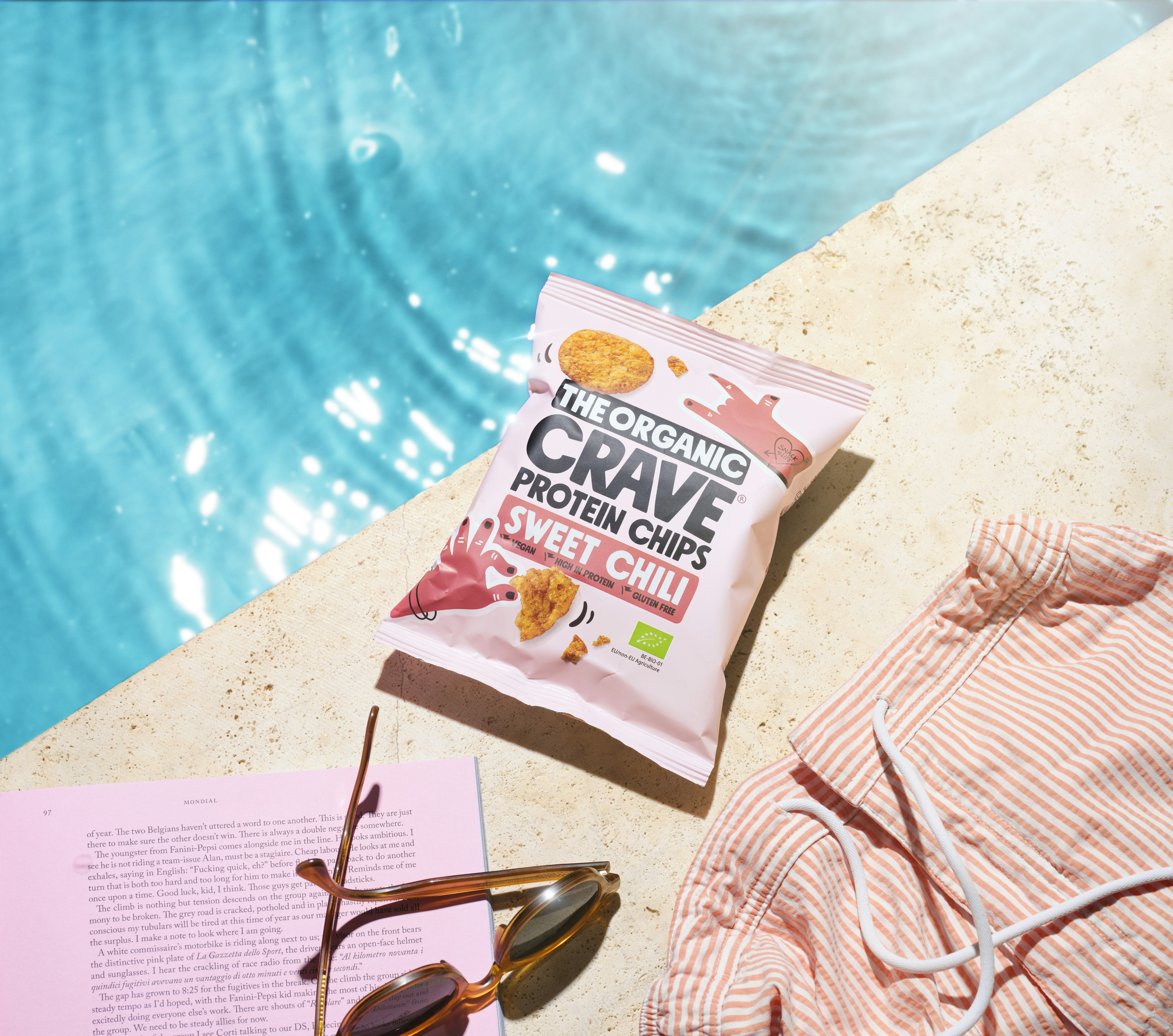 Bag of protein chips by a pool