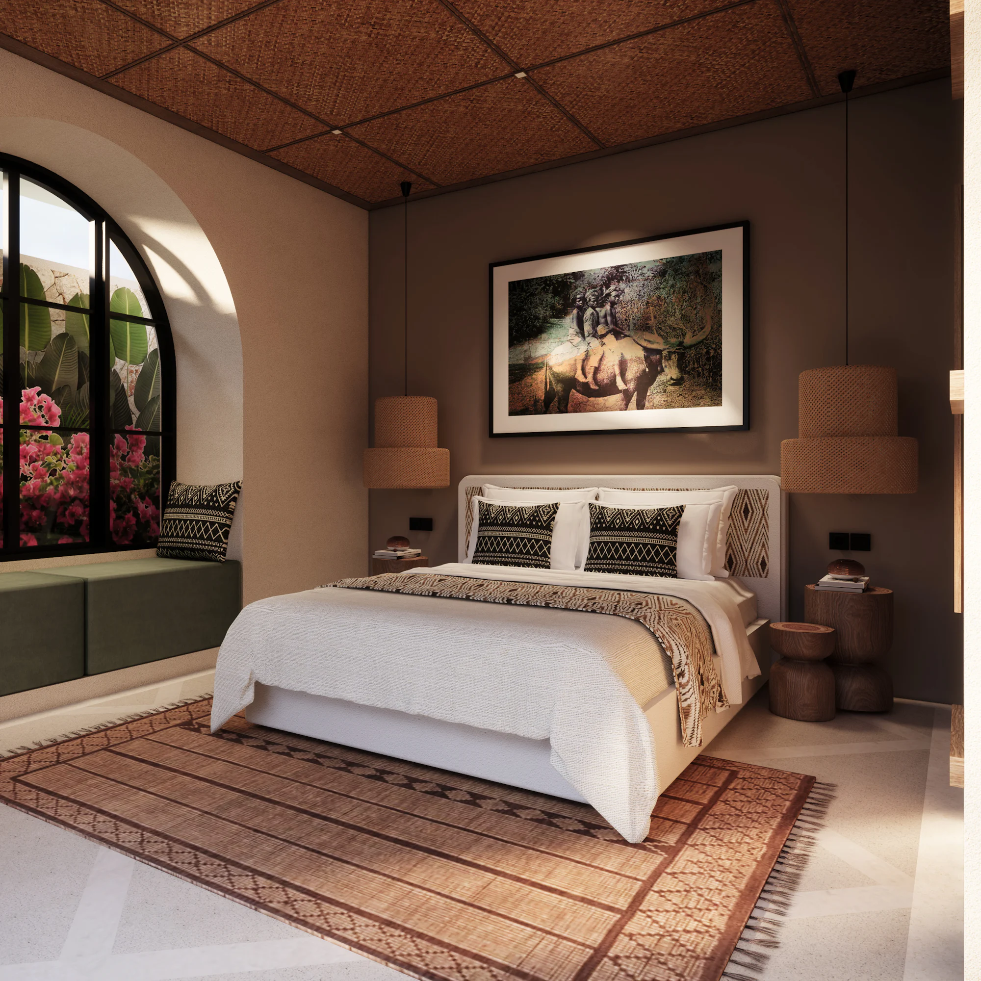 A bedroom with an arched window, woven rug and framed print