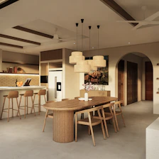 Modern dining room and kitchen with wooden furniture.