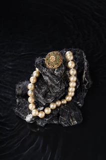 Pearl necklace and brooch on dark rocks
