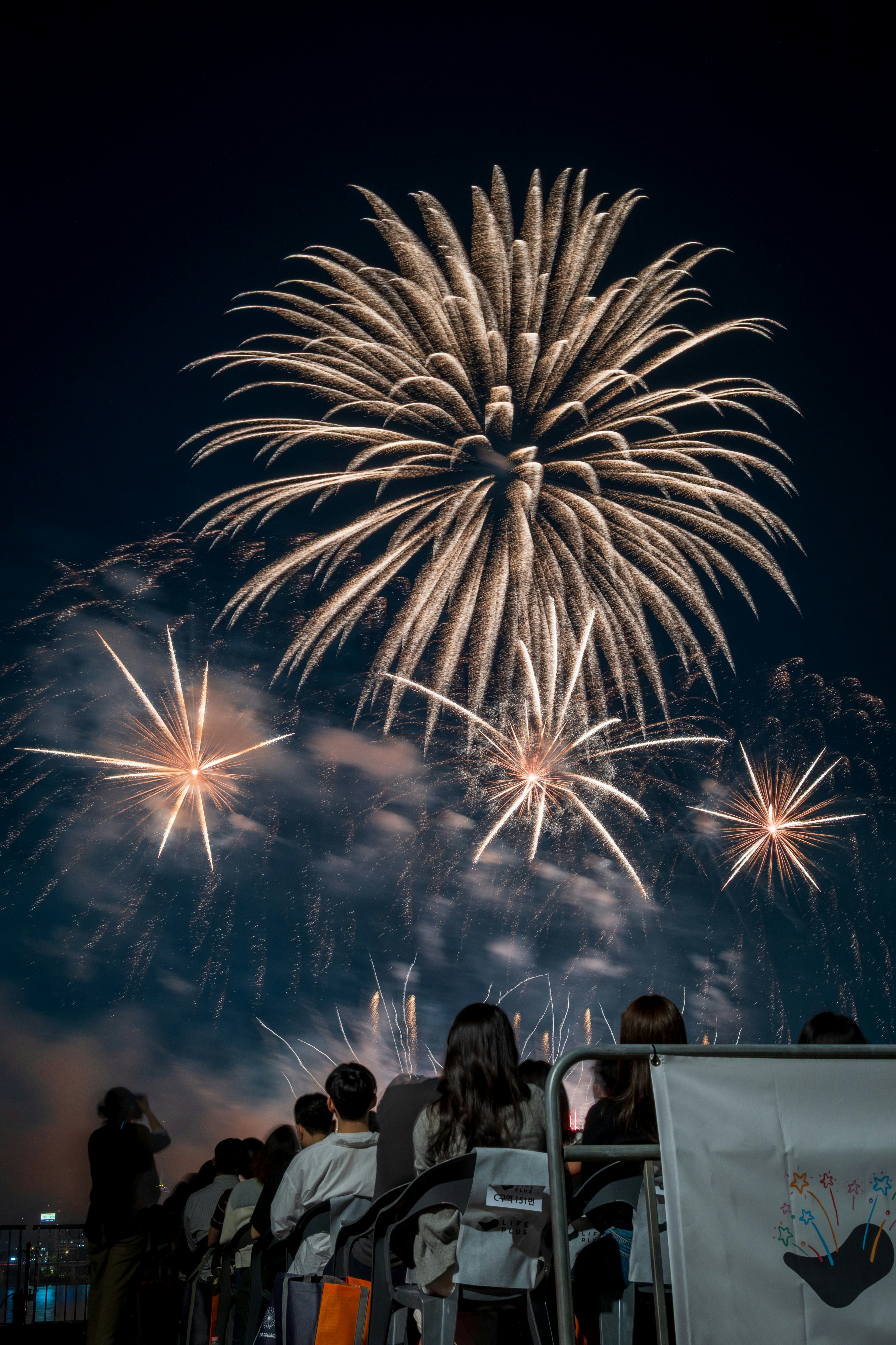 Die Menschen sehen sich nachts ein schillerndes Feuerwerk an.