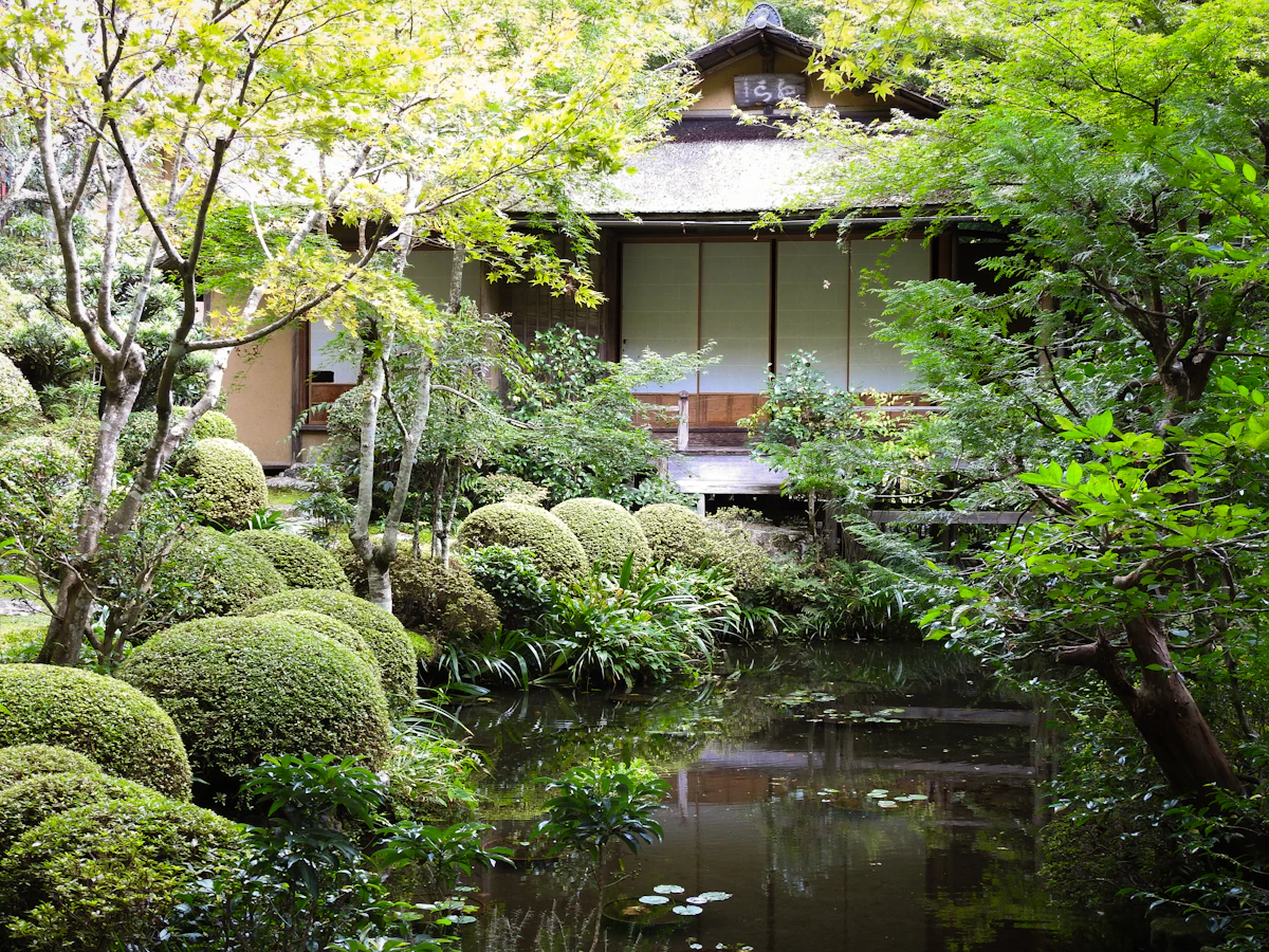 A tranquil Japanese garden with pond and traditional pavilion, reflecting the surrounding greenery — the type of scene found near Nezu Shrine's inner grounds