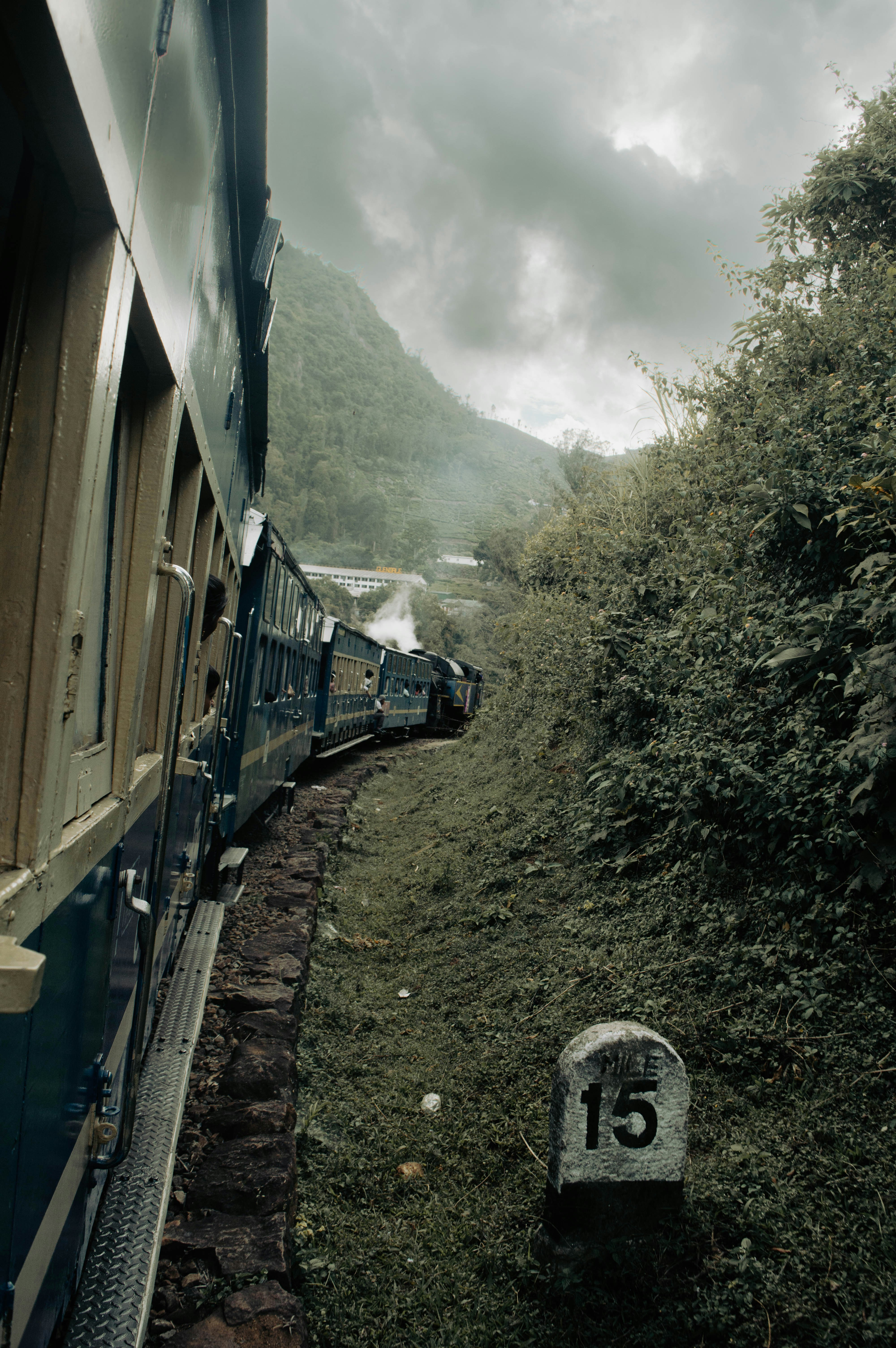 Le train voyage sur une piste de montagne pittoresque.