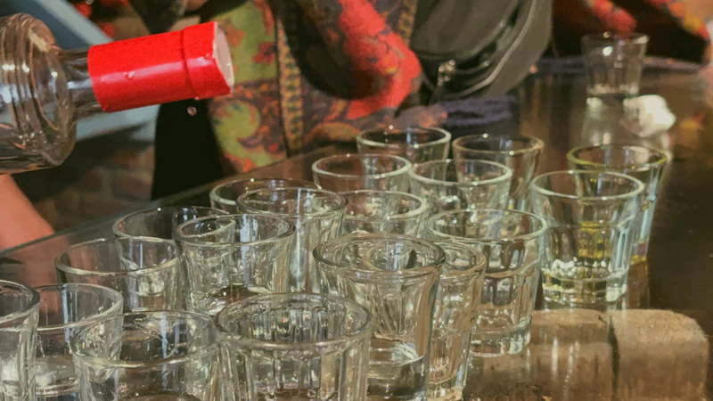 A bottle pouring liquor into a row of small shot glasses lined up on a bar (generic liqueur/shot photo; not an actual Malört bottle)