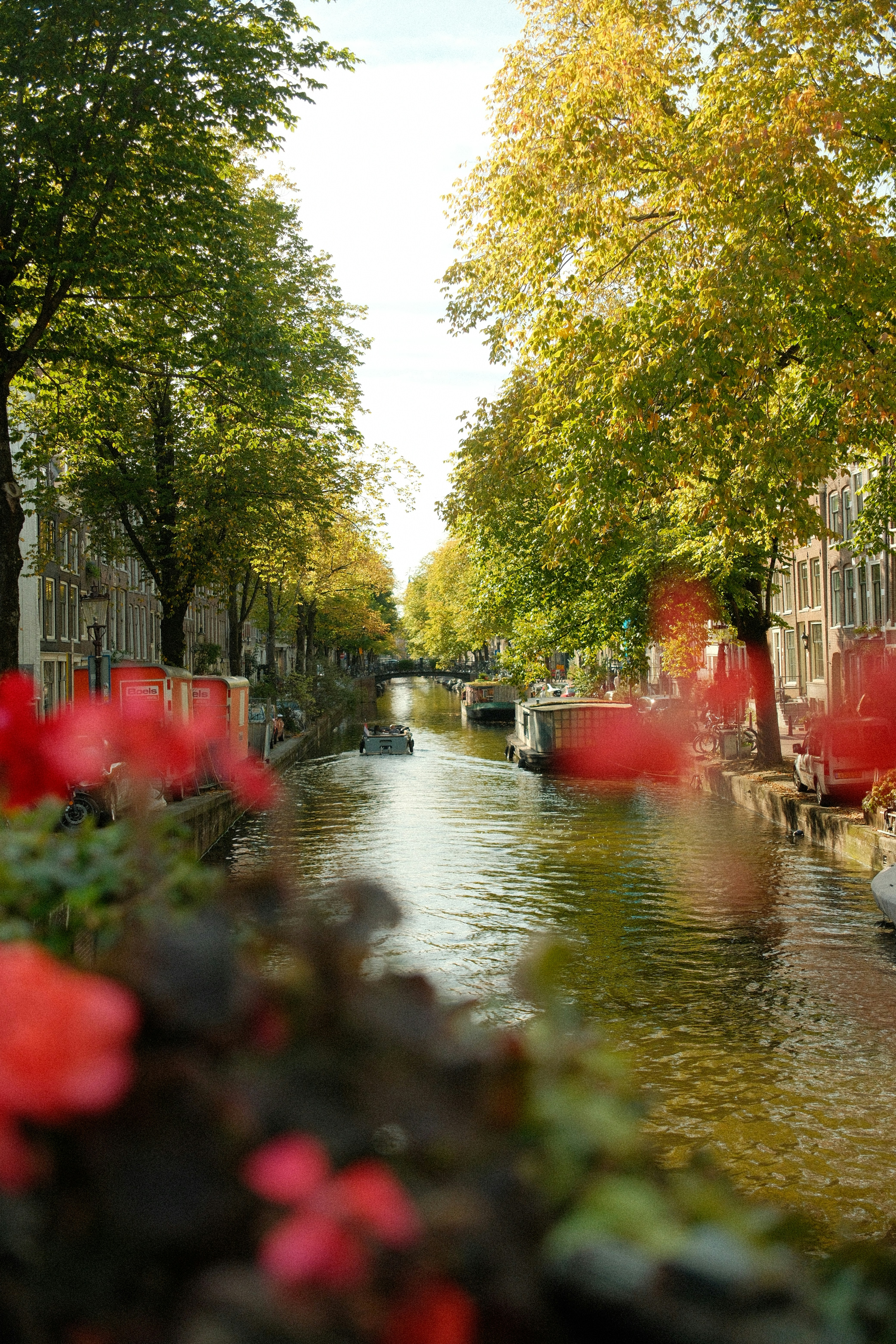Canal lined with trees and buildings, boats on water.