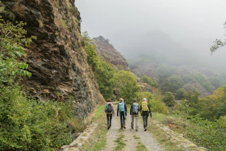 Four hikers walk on a dirt path through mountains.
