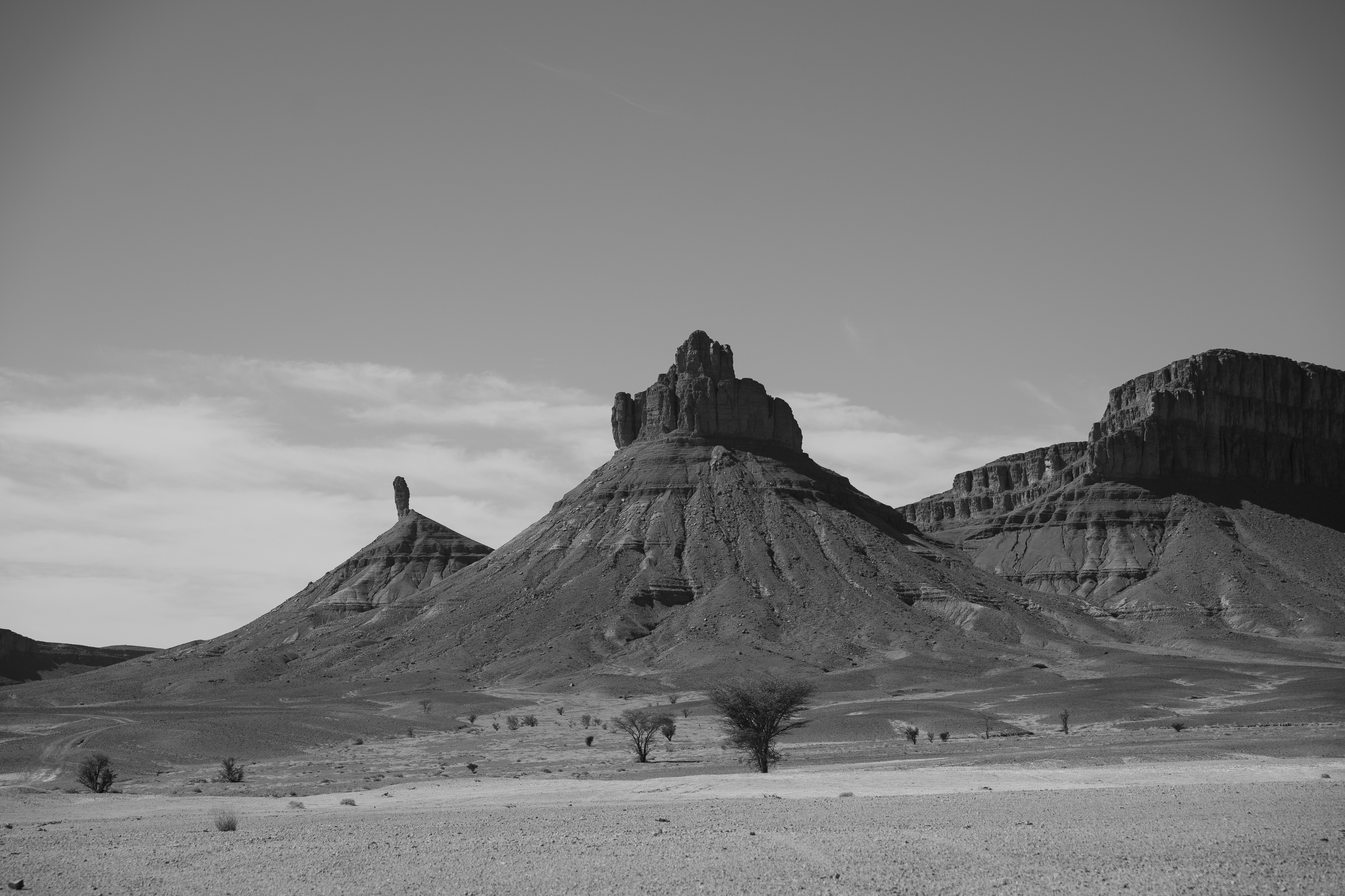 Jagged rock formations in a desert landscape
