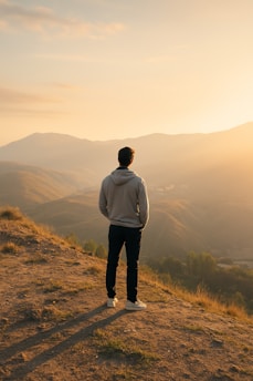 Man standing on a hill overlooking mountains at sunset.