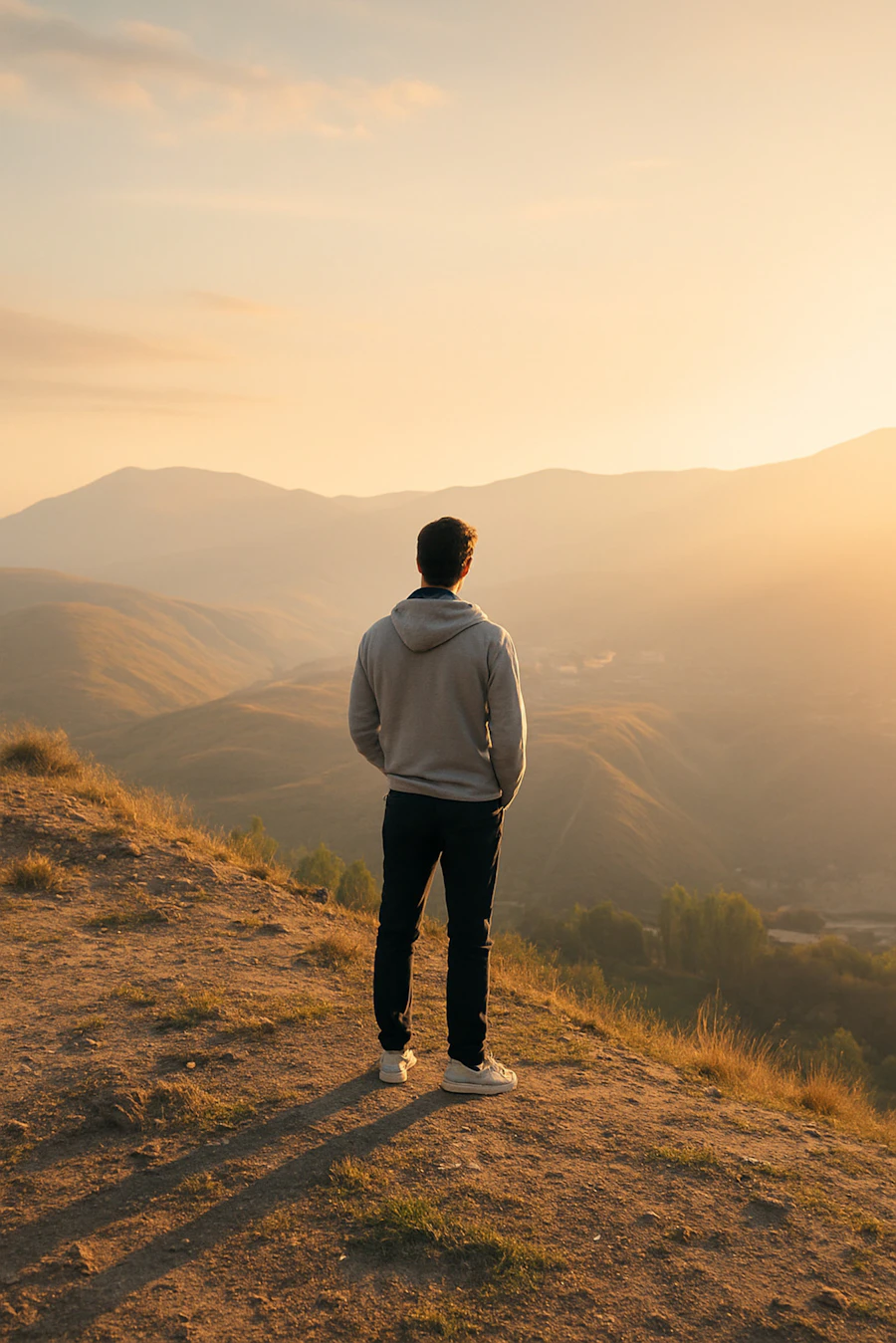 A man standing on a hill overlooking mountains at sunset