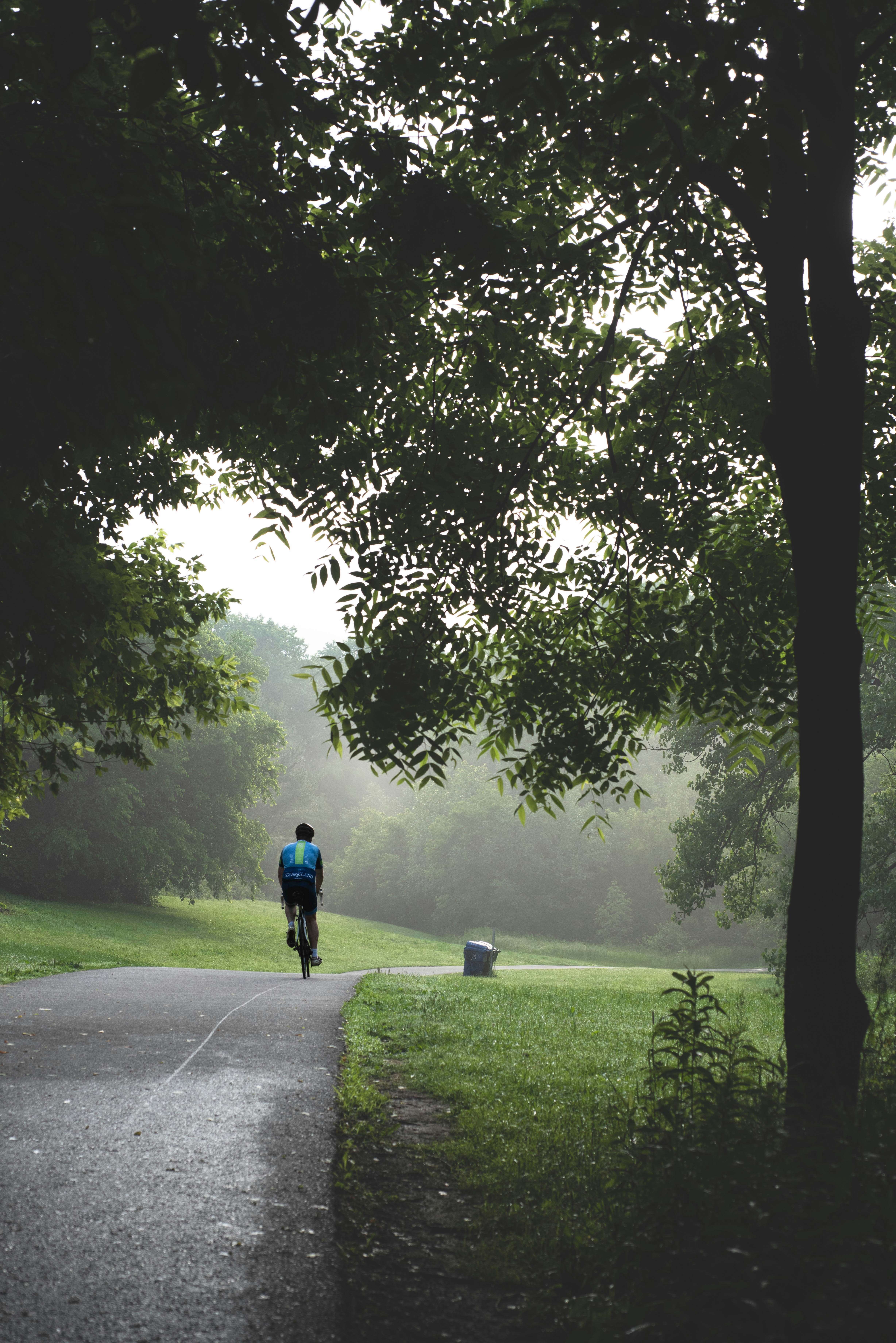 Person cycling on a misty park path