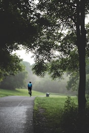 Person cycling on a misty park path