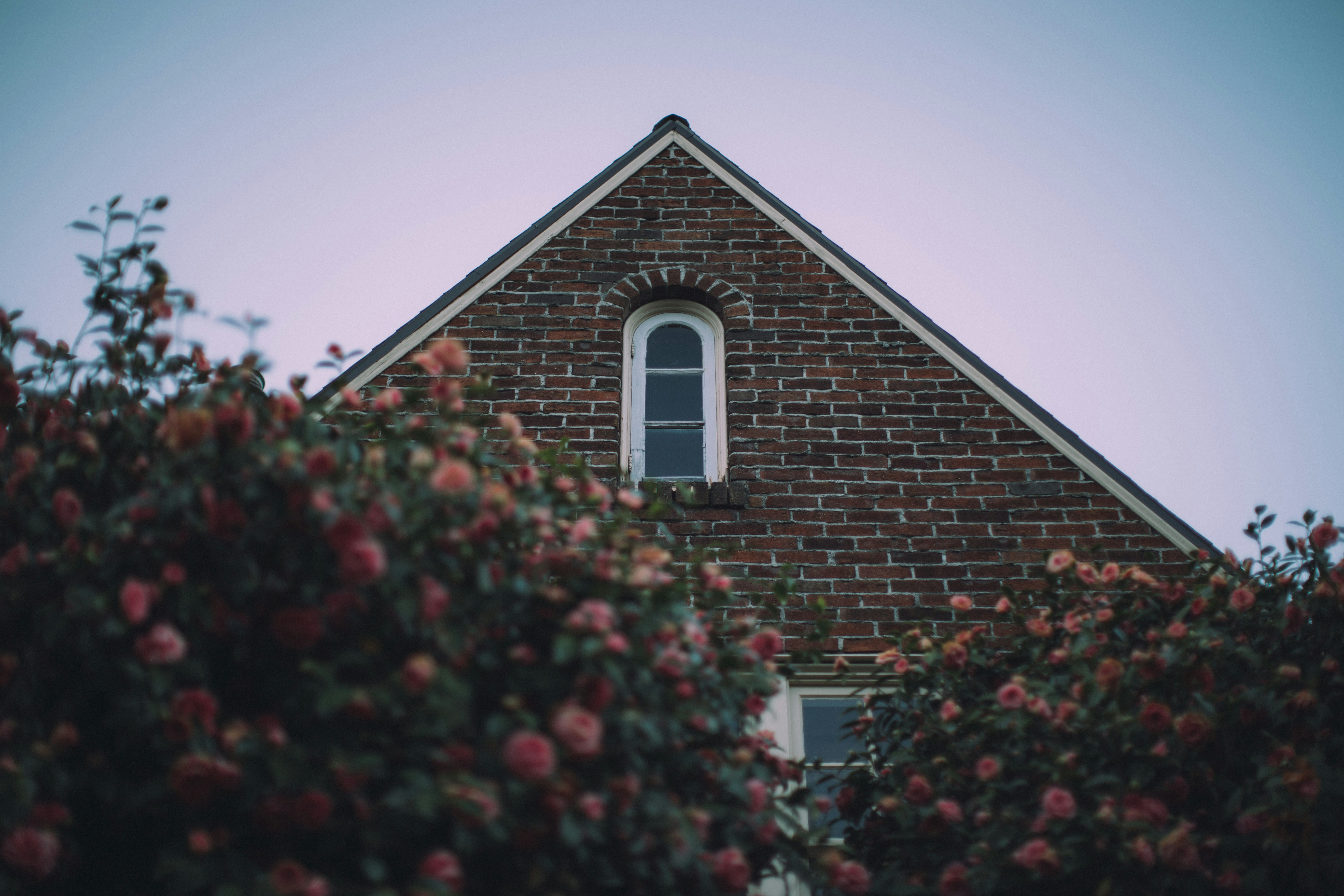 Maison en brique avec des fleurs roses épanouies au premier plan