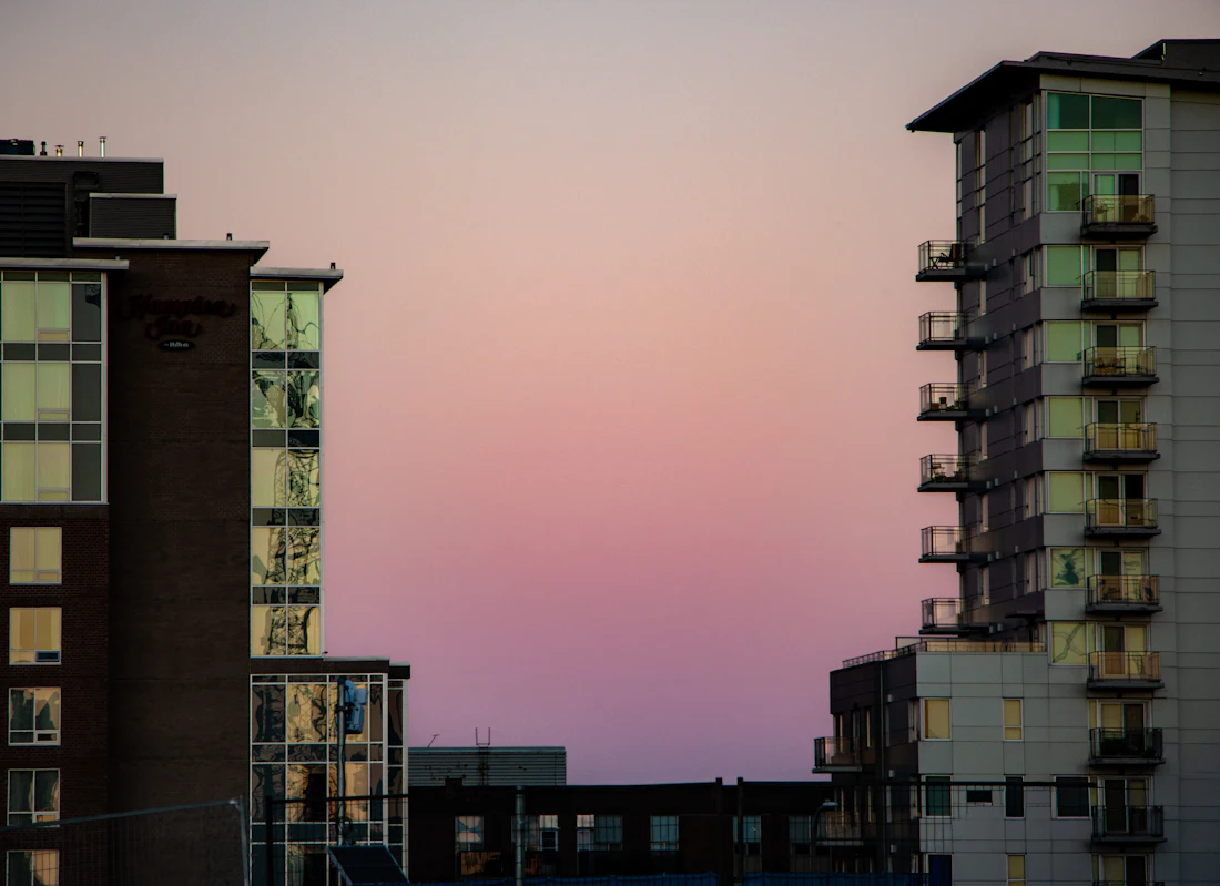 Apartment buildings at dusk