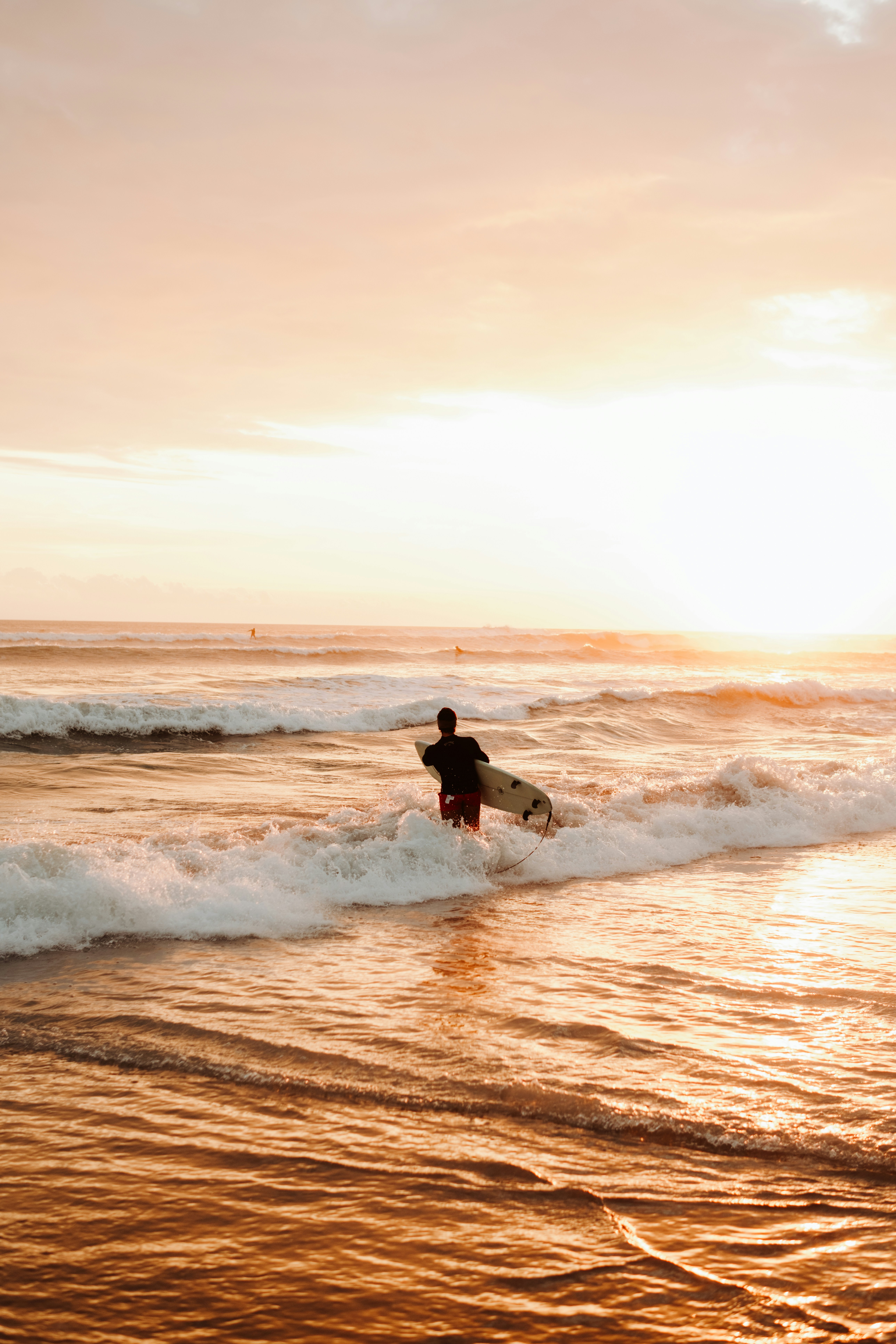 Surfer walks into ocean waves at sunset