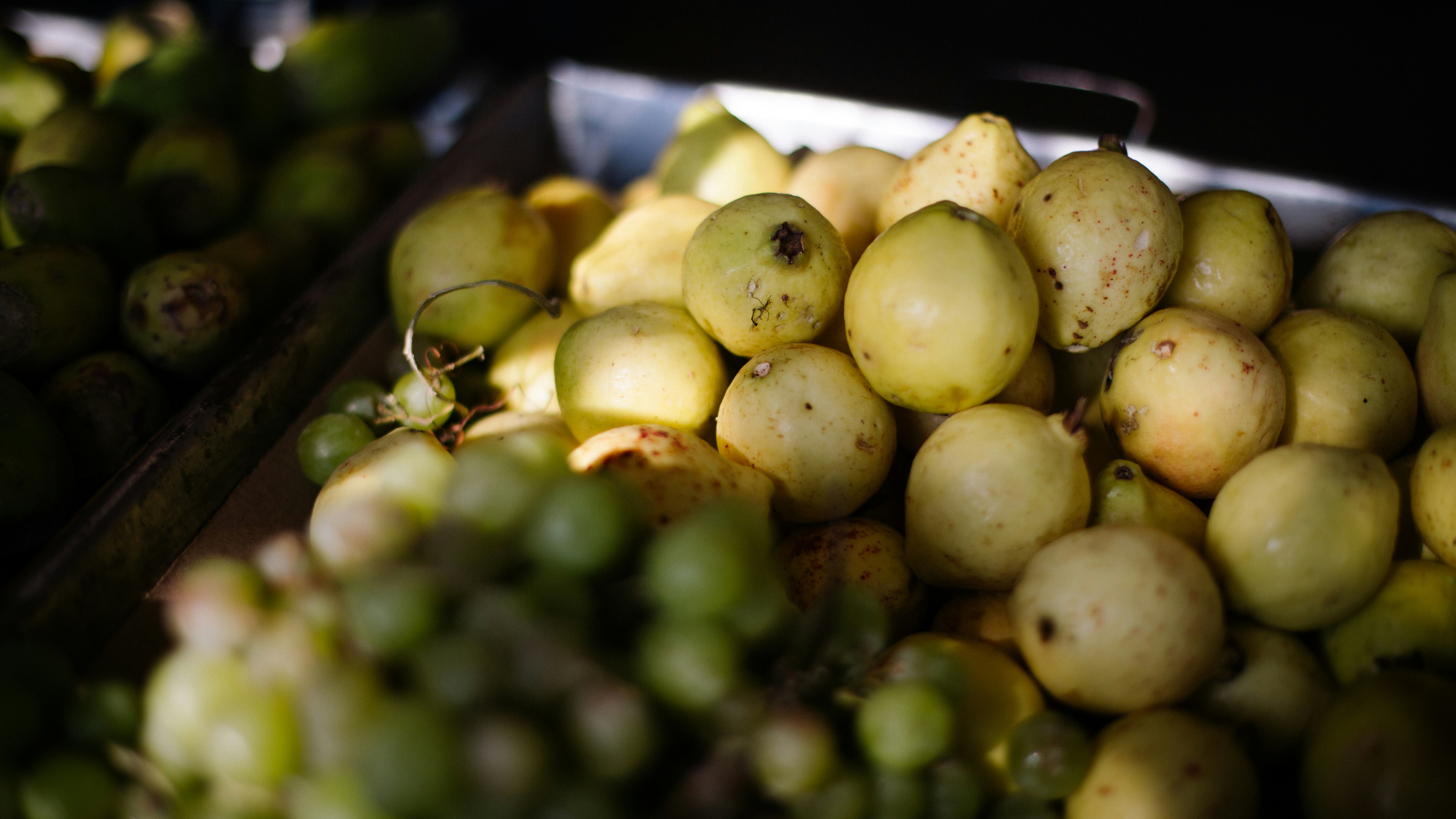 Pile of fresh guavas and green grapes.