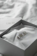 Dior logo on white fabric inside a box