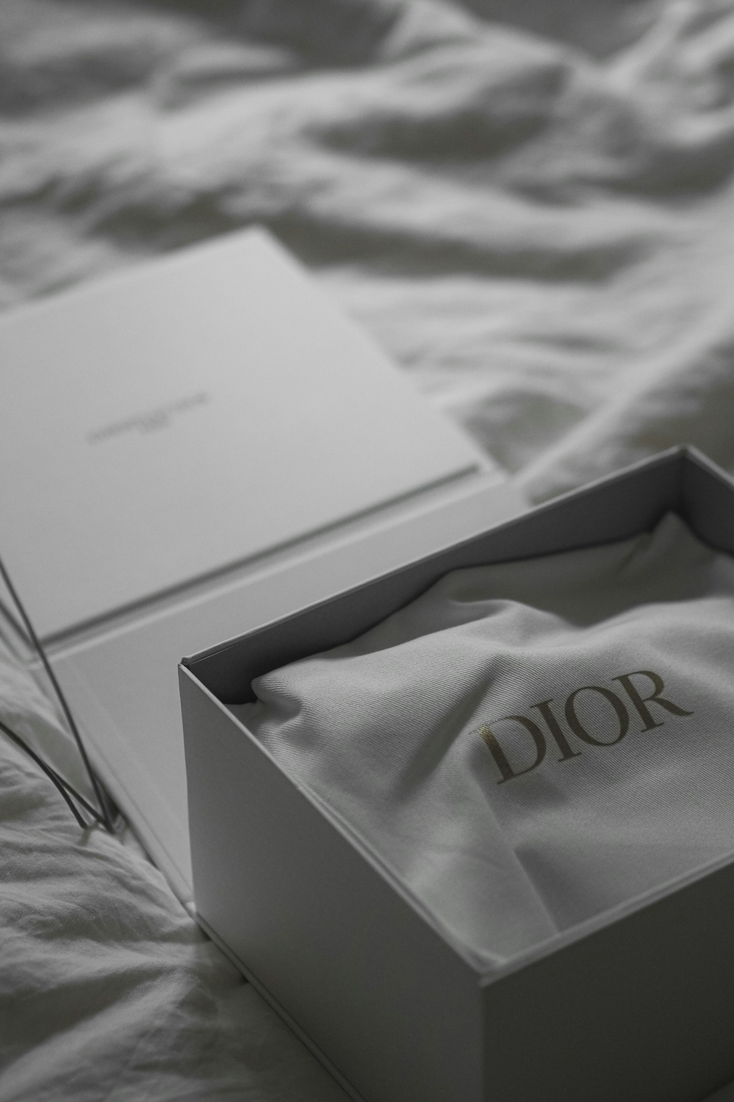Open dior box with logo on cloth packaging.