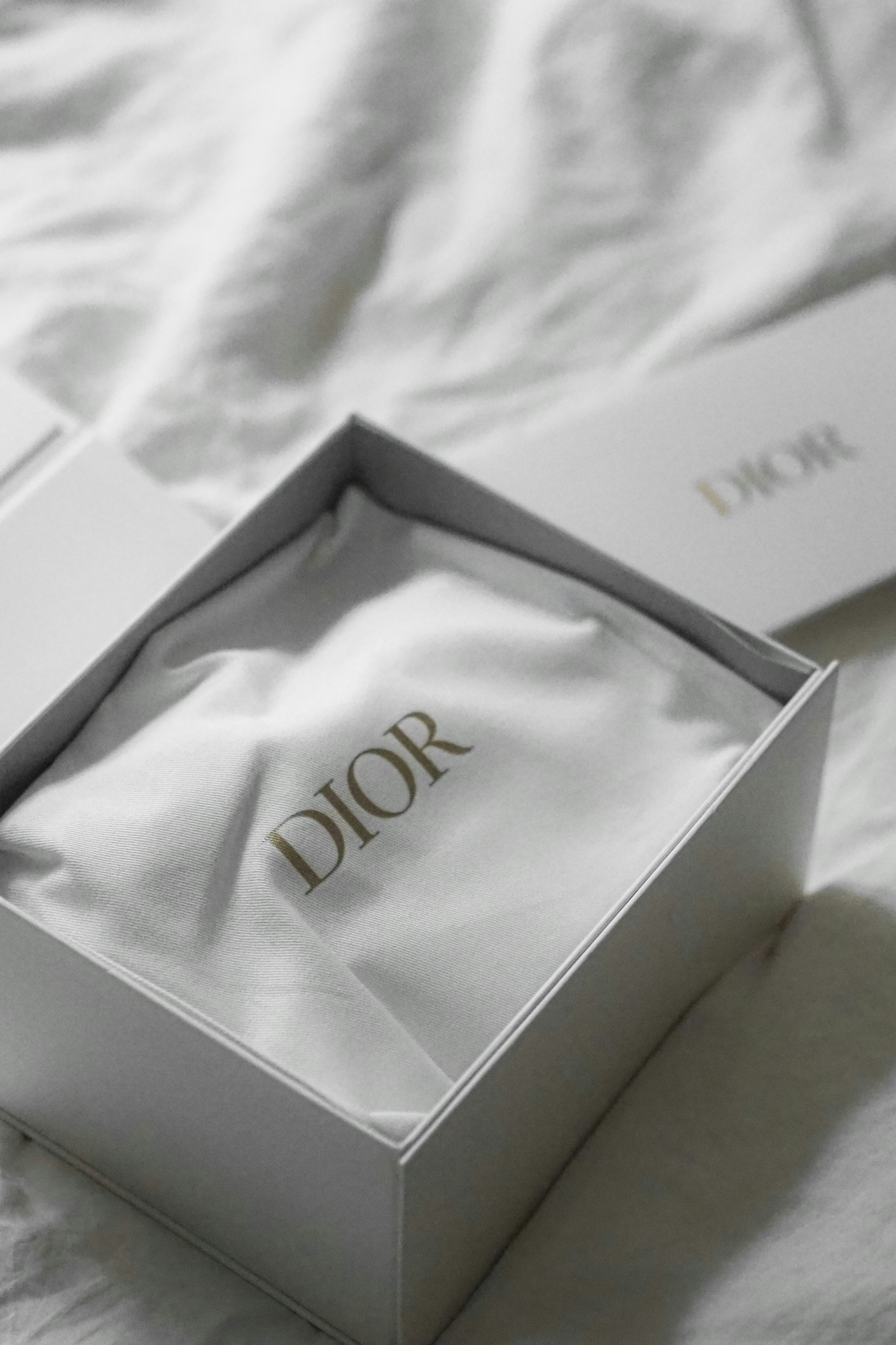 Dior logo on white fabric inside a box.