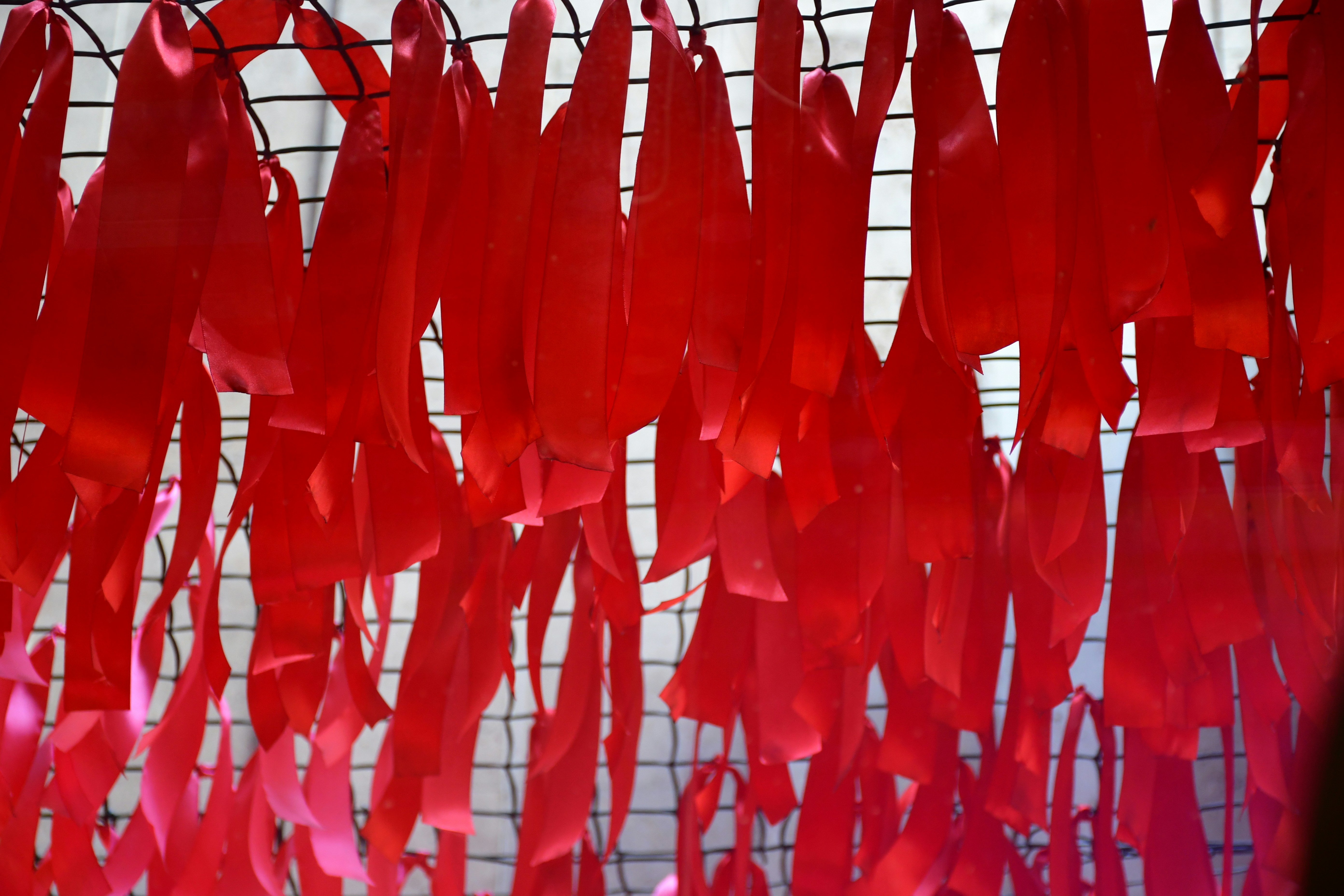 Red ribbons hanging from a wire grid