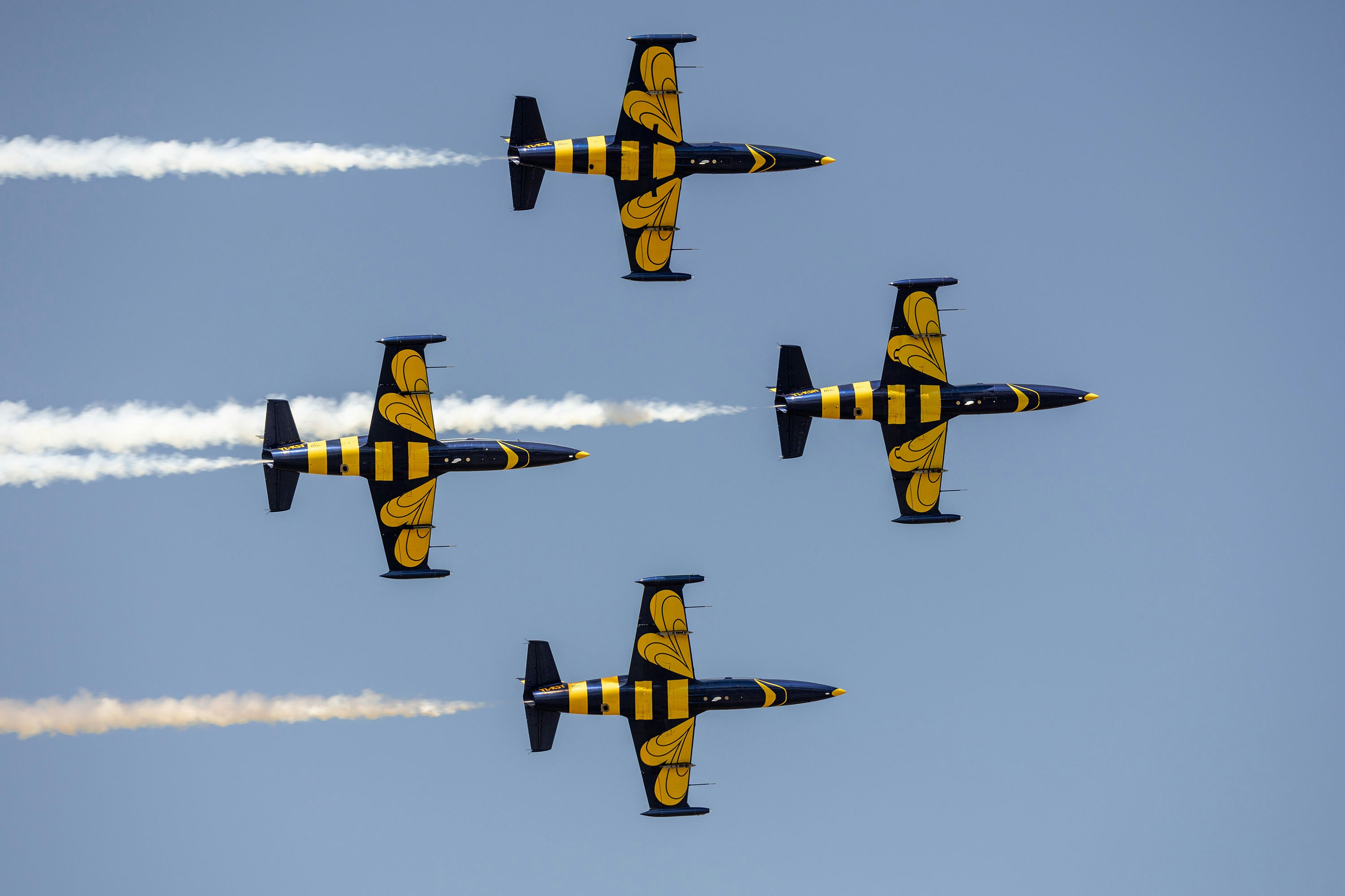 Vier gelbe und schwarze Jets fliegen in Formation