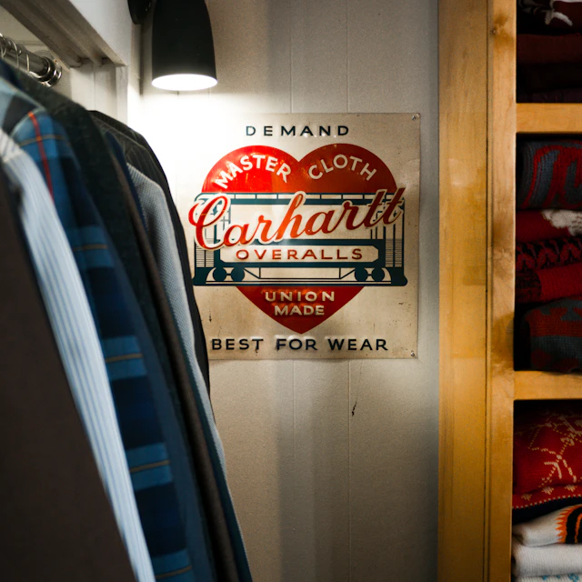 A Carhartt overalls sign hanging in a closet with clothes