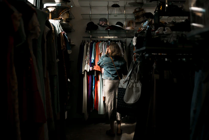 Woman browsing a rack of clothes in a boutique