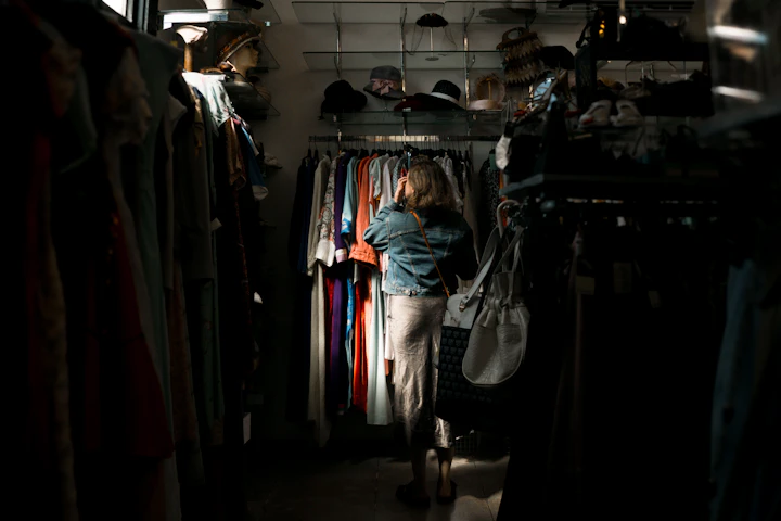 Woman browsing clothes rack in dimly lit store