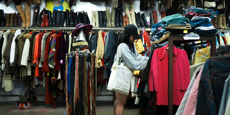 Persona comprando ropa en una tienda de segunda mano