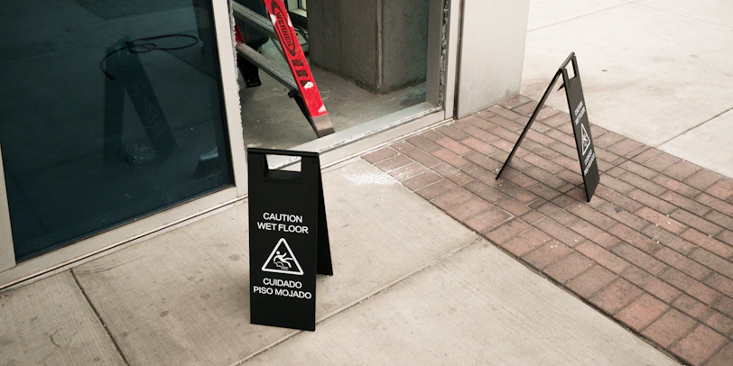Caution wet floor sign on paved walkway outside building entrance