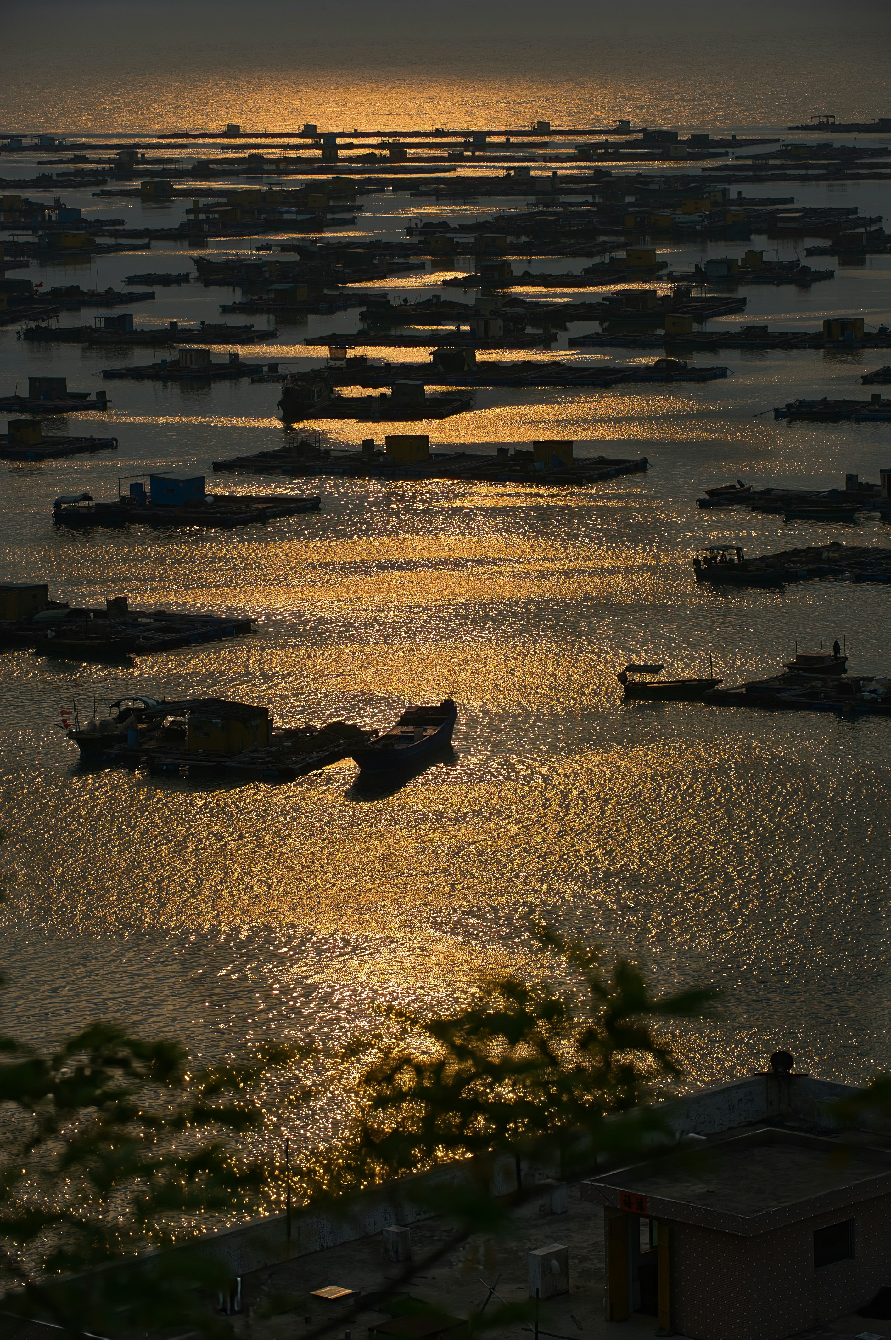 De nombreux bateaux flottent sur l’eau scintillante au coucher du soleil.