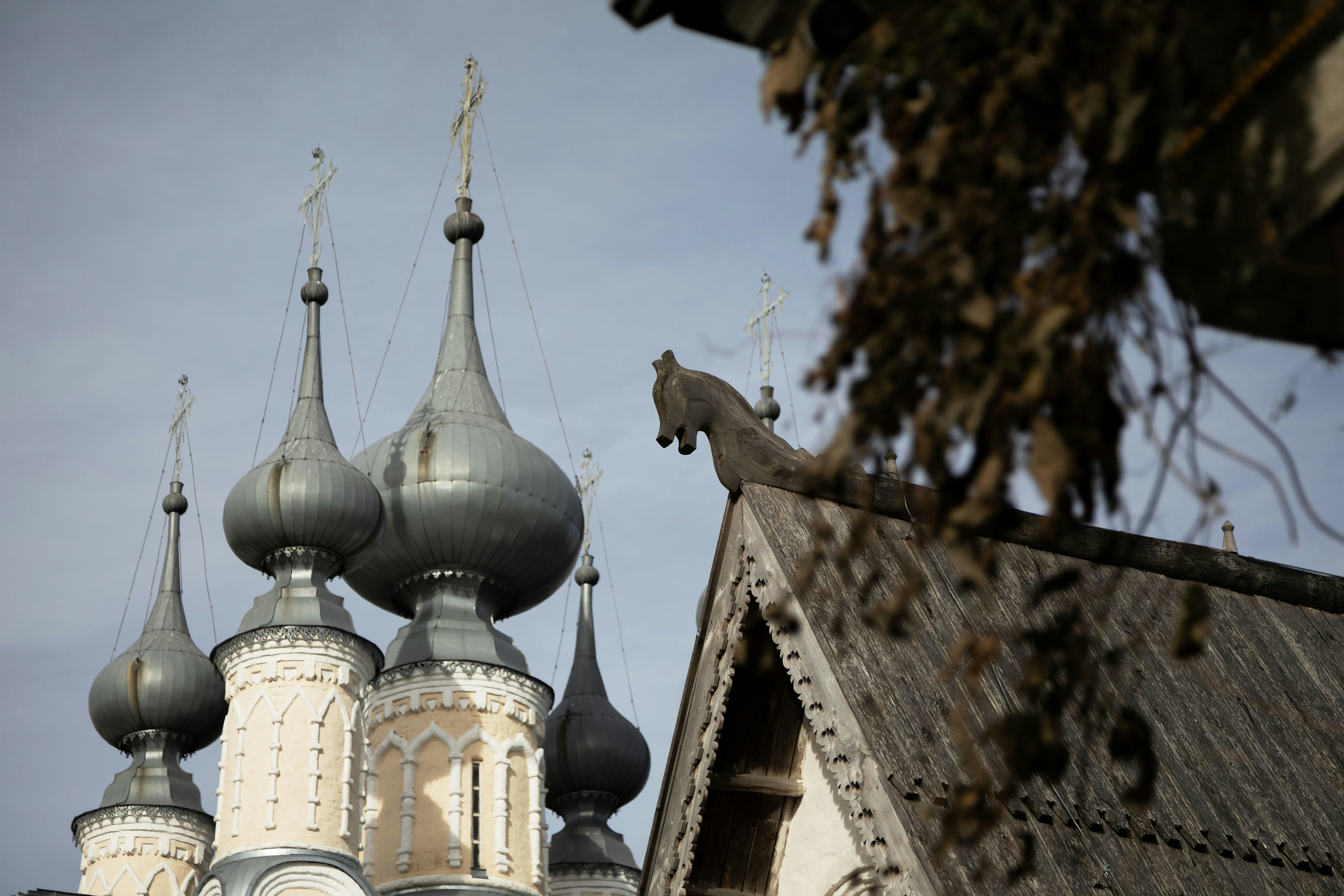 Orthodox church domes against a cloudy sky
