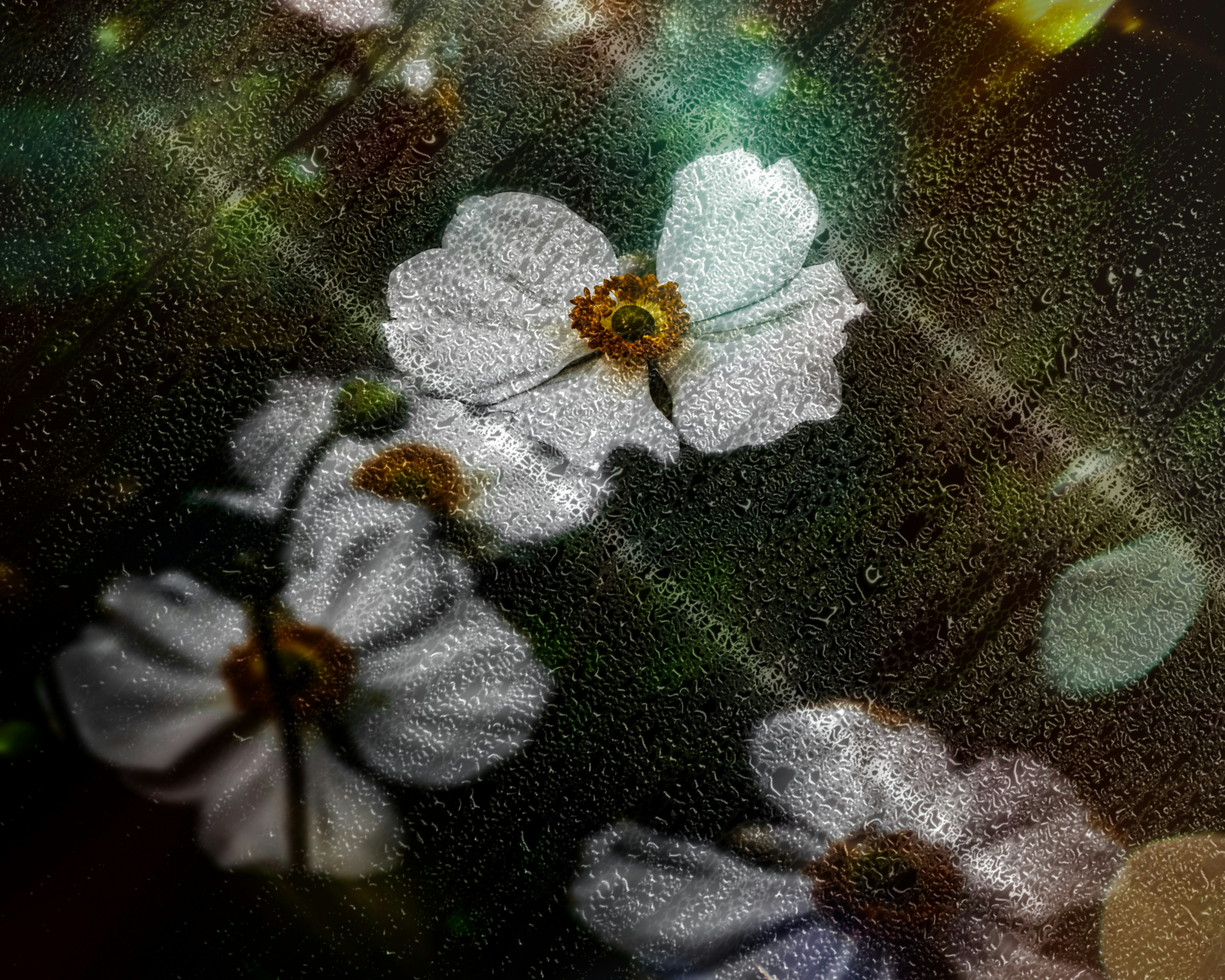 Three white flowers with water droplets on petals.