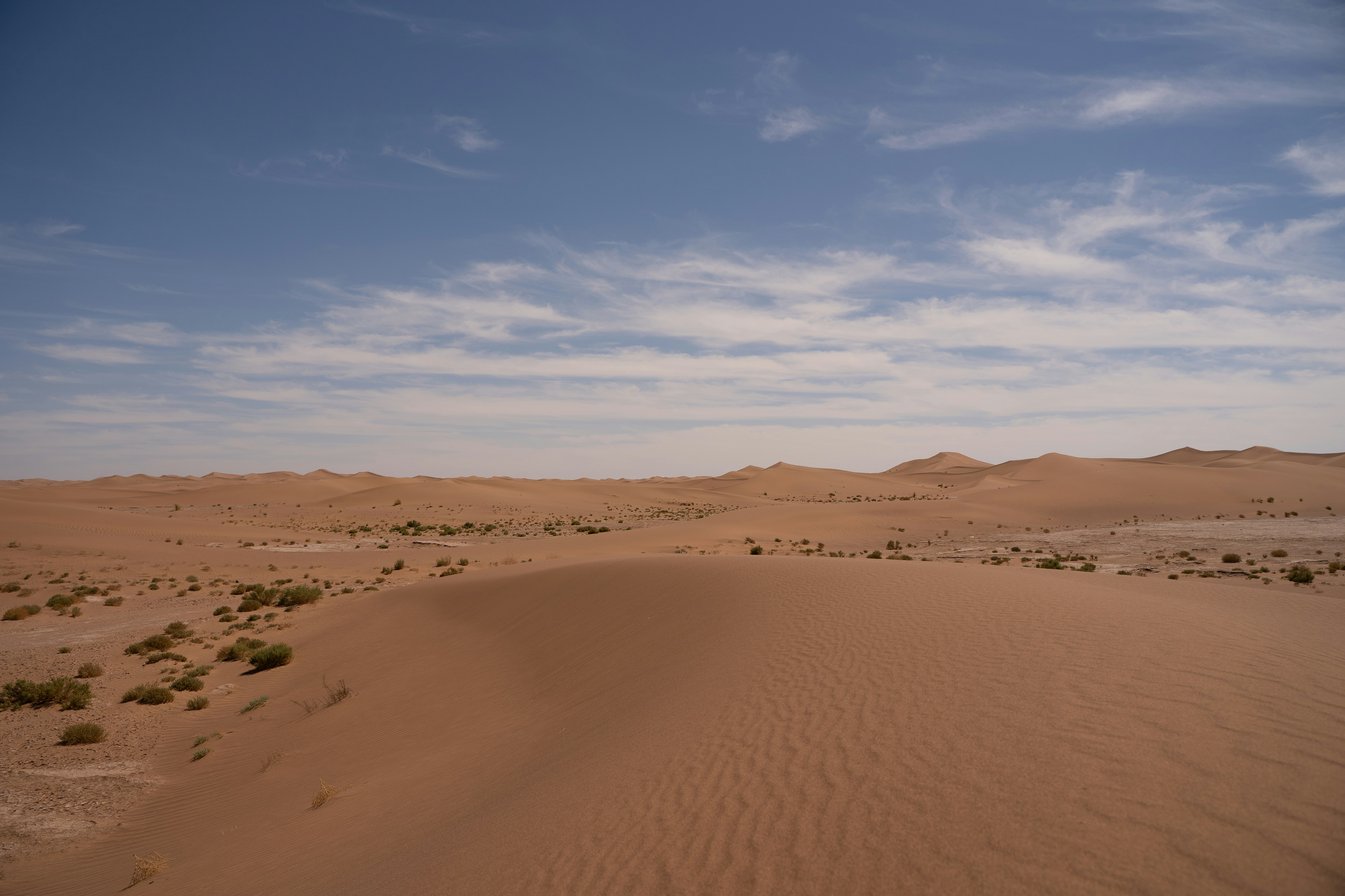 Vast desert landscape with sand dunes under a blue sky.