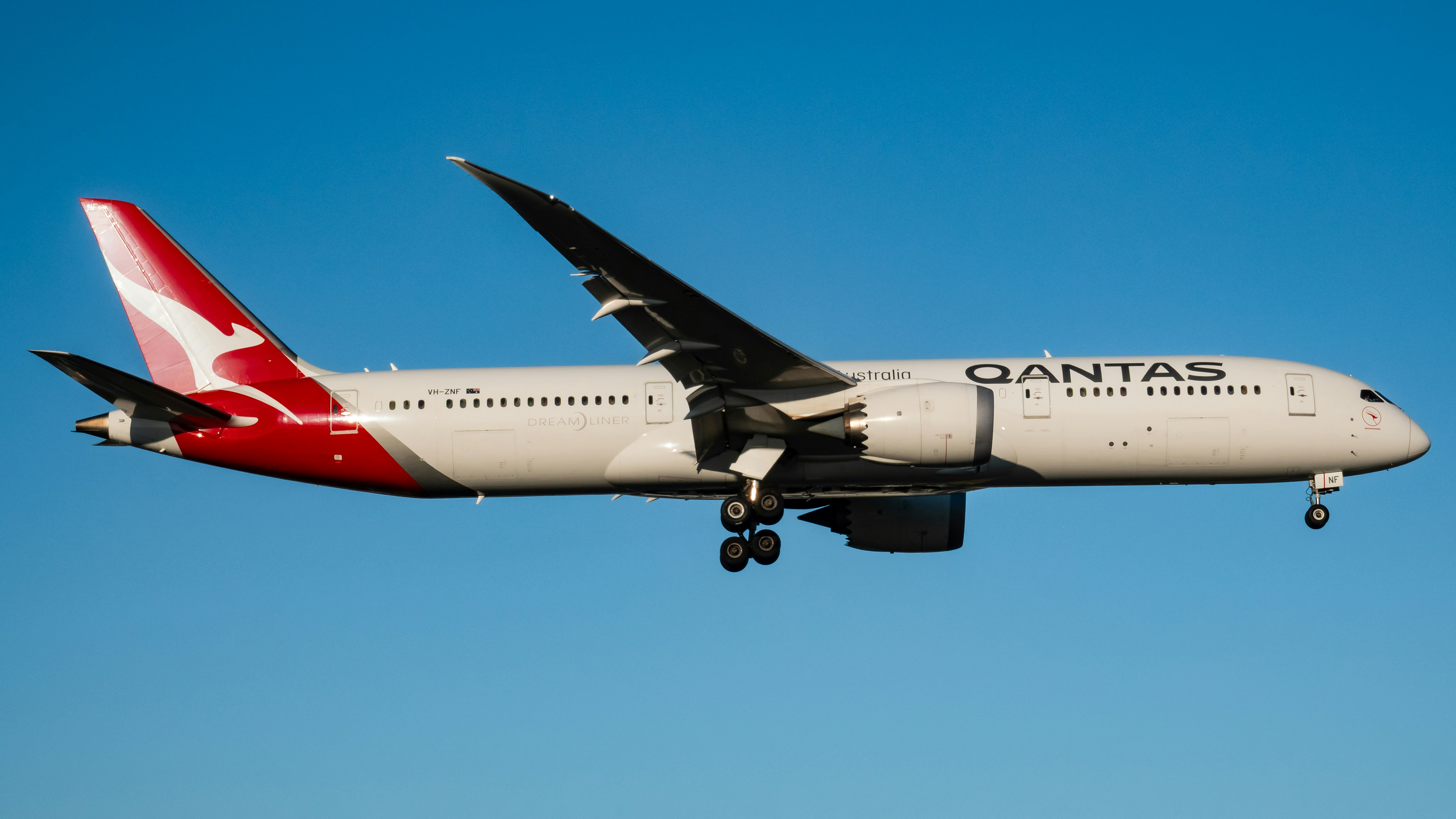 A qantas airplane flying in a clear blue sky.