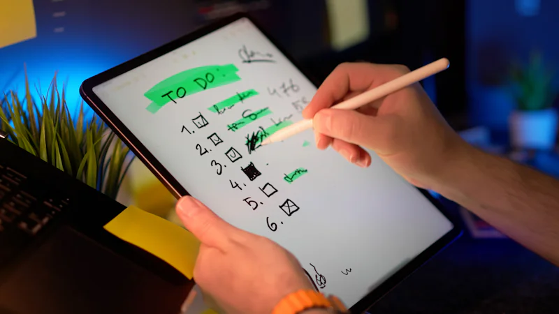 Person using a stylus on a tablet to check off a to do list