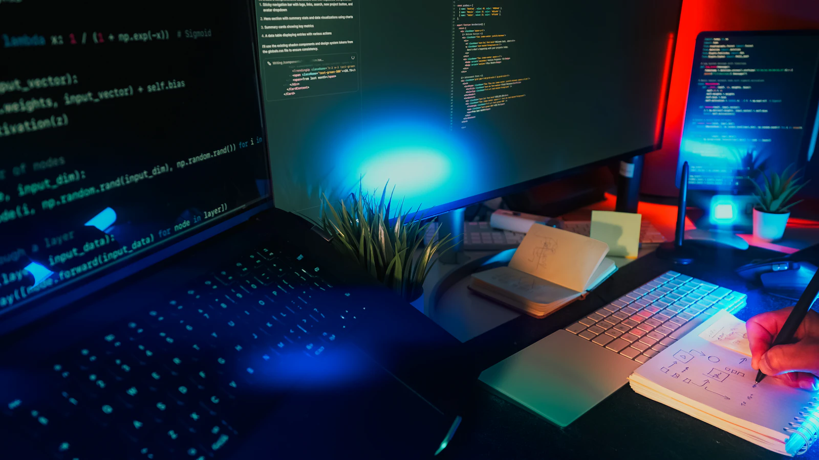 Software development workstation with several computer displays showing code