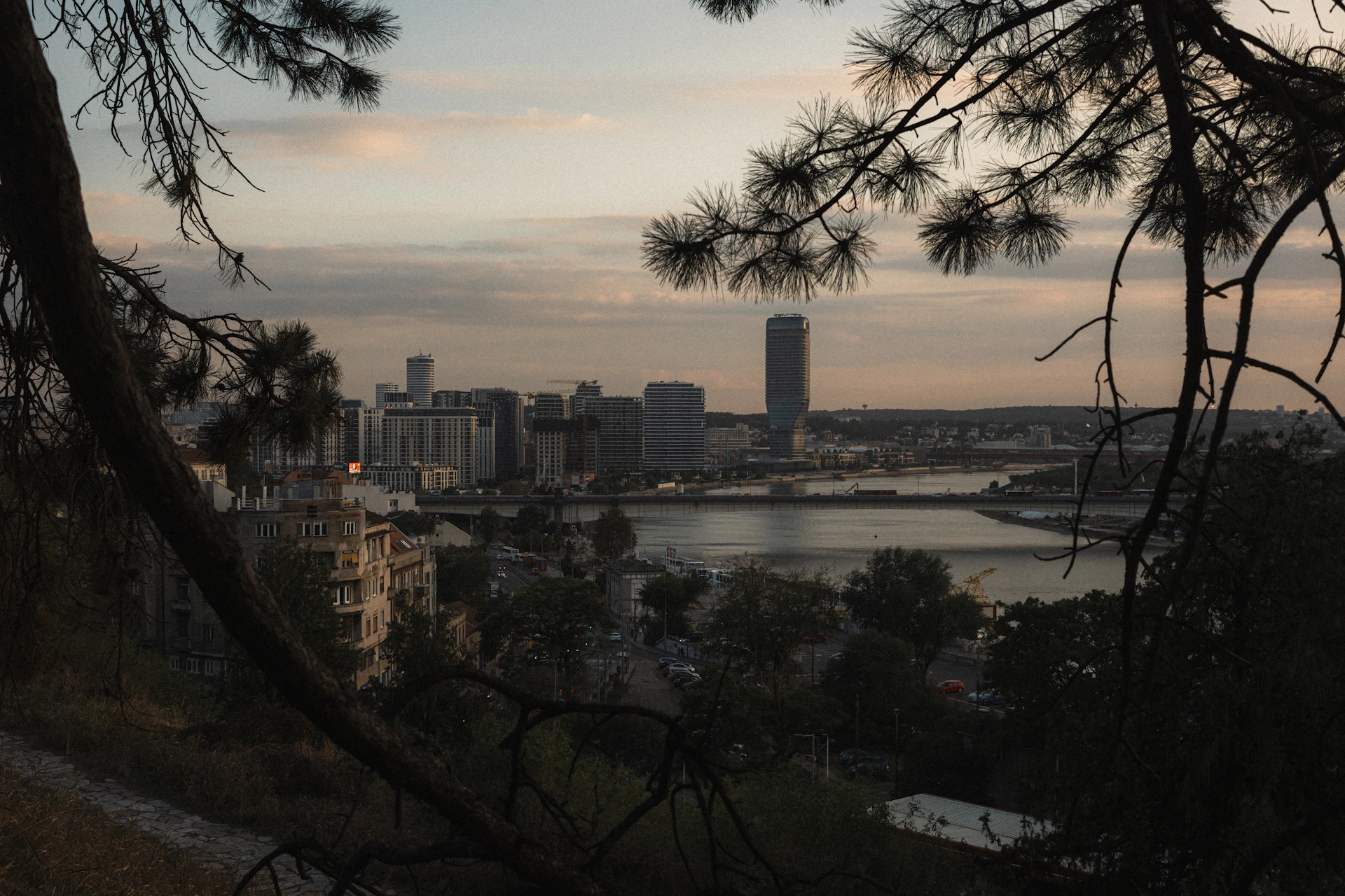 Belgrade skyline across the river at dusk, Serbia