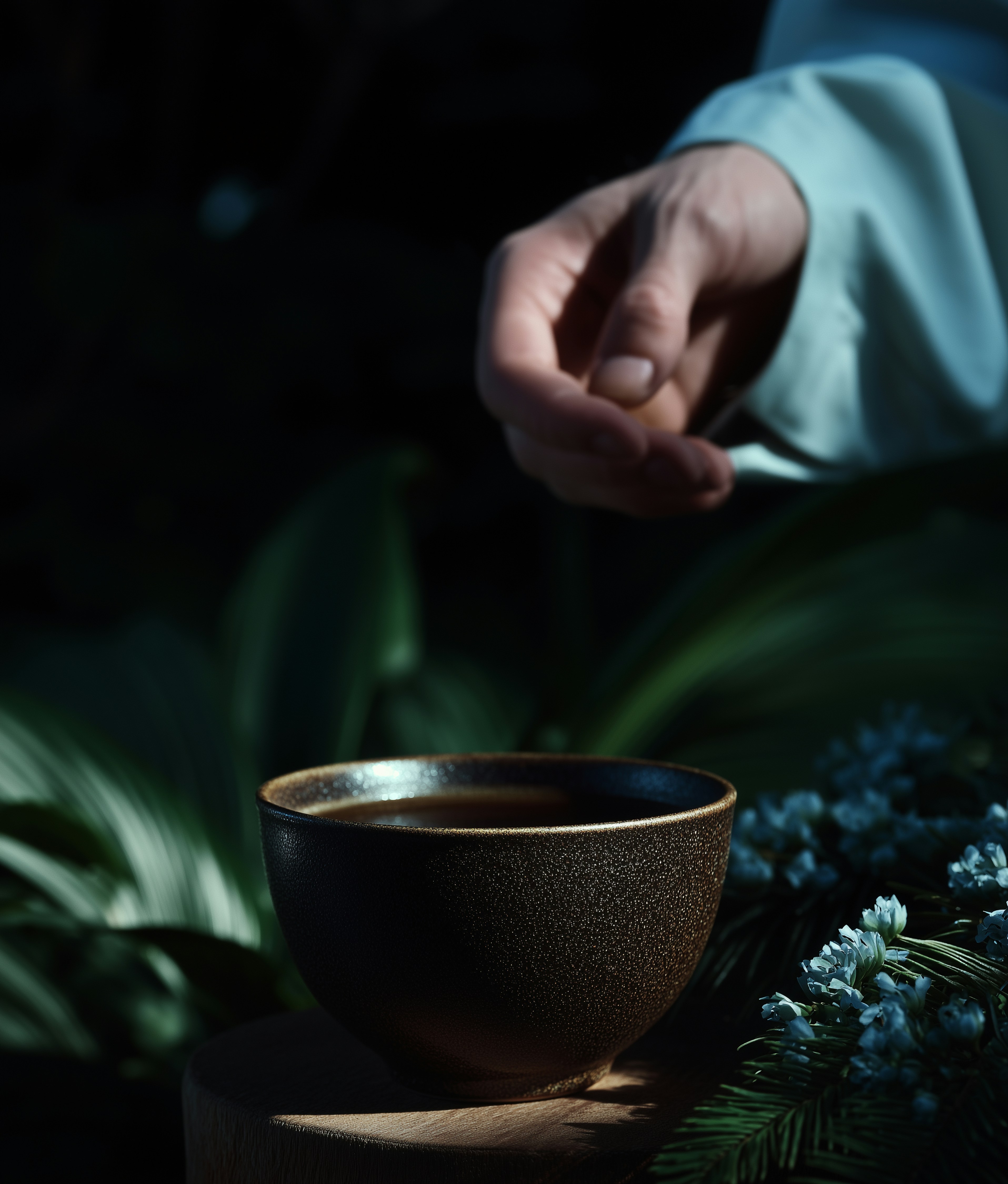 A hand reaches towards a dark ceramic bowl of tea.