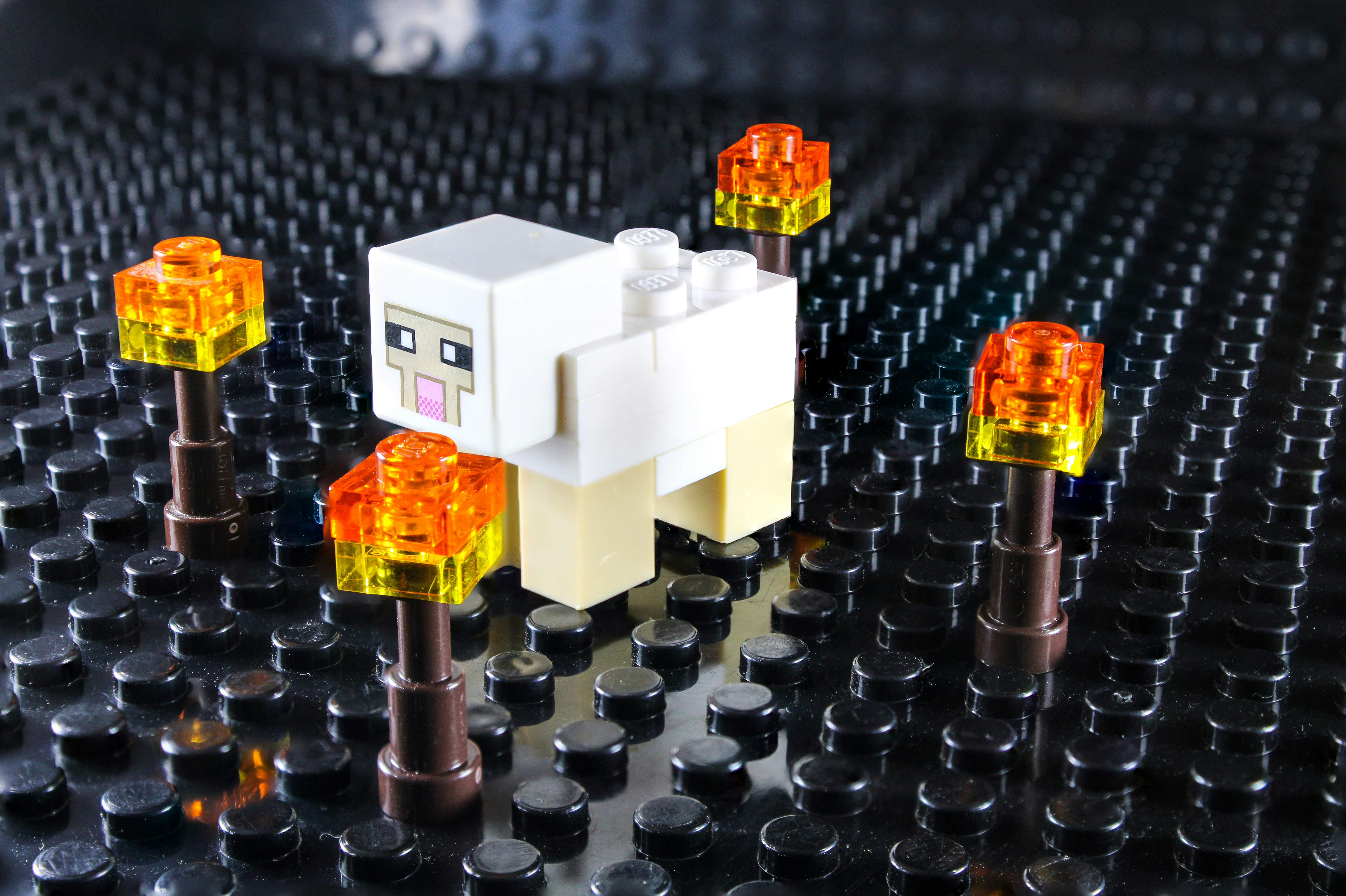 Lego sheep surrounded by torches on black surface