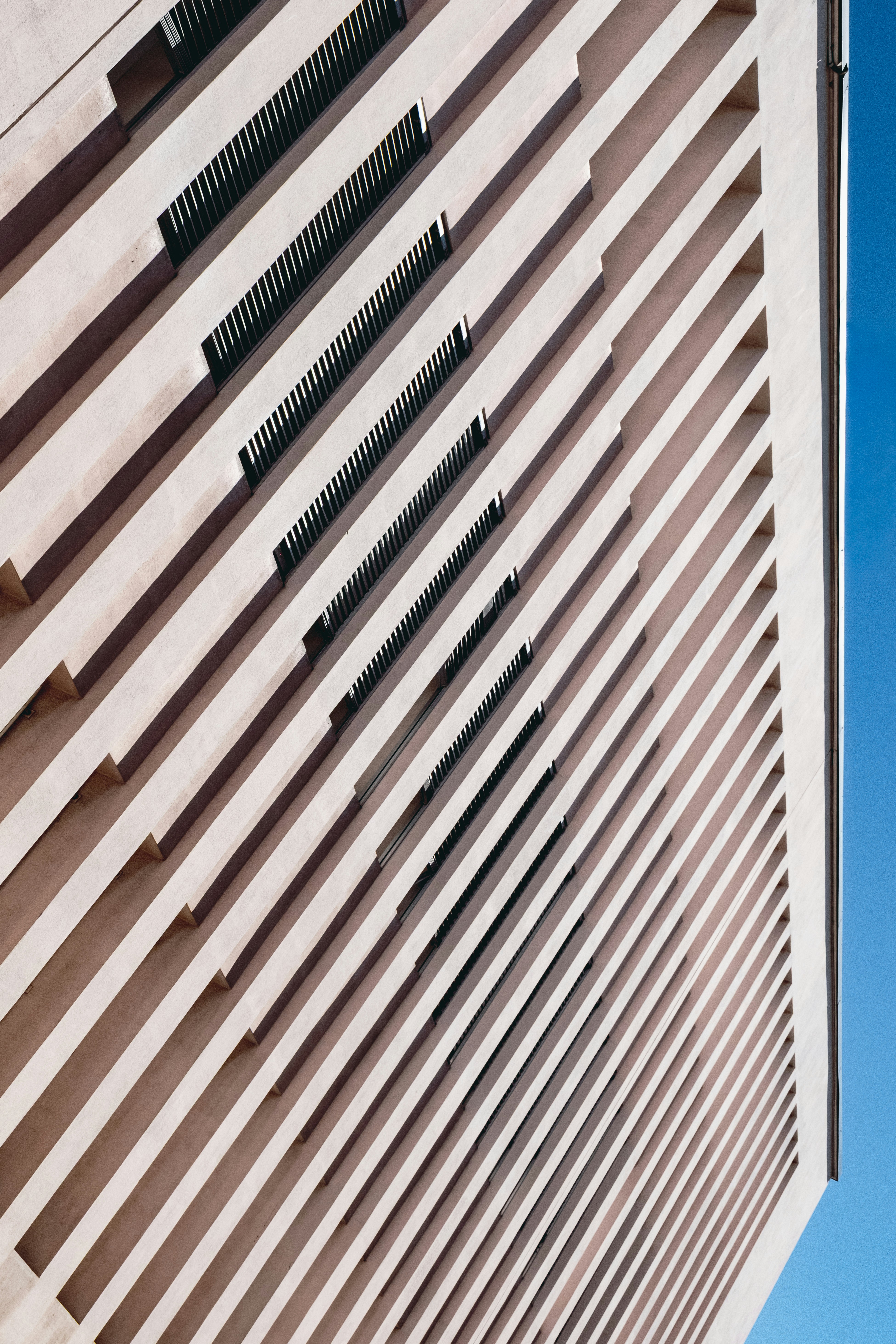 Modern building facade with diagonal slatted design