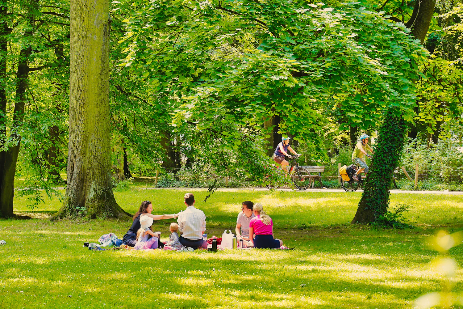 A family sitting on a picnic blanket under tall trees in a sunny park while cyclists pass behind