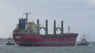 Large red cargo ship guided by two tugboats at sea