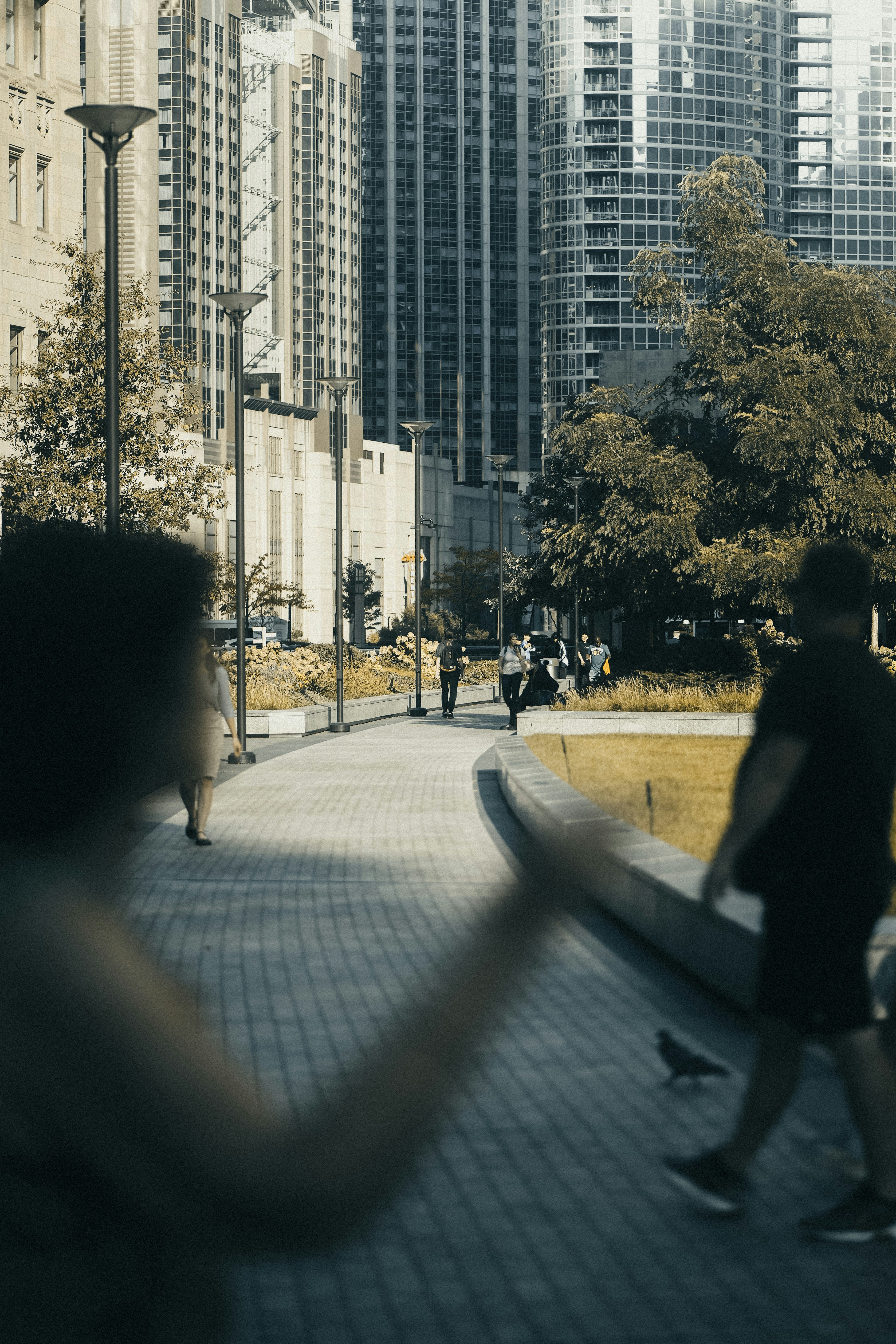 People walking on a city sidewalk with buildings behind.
