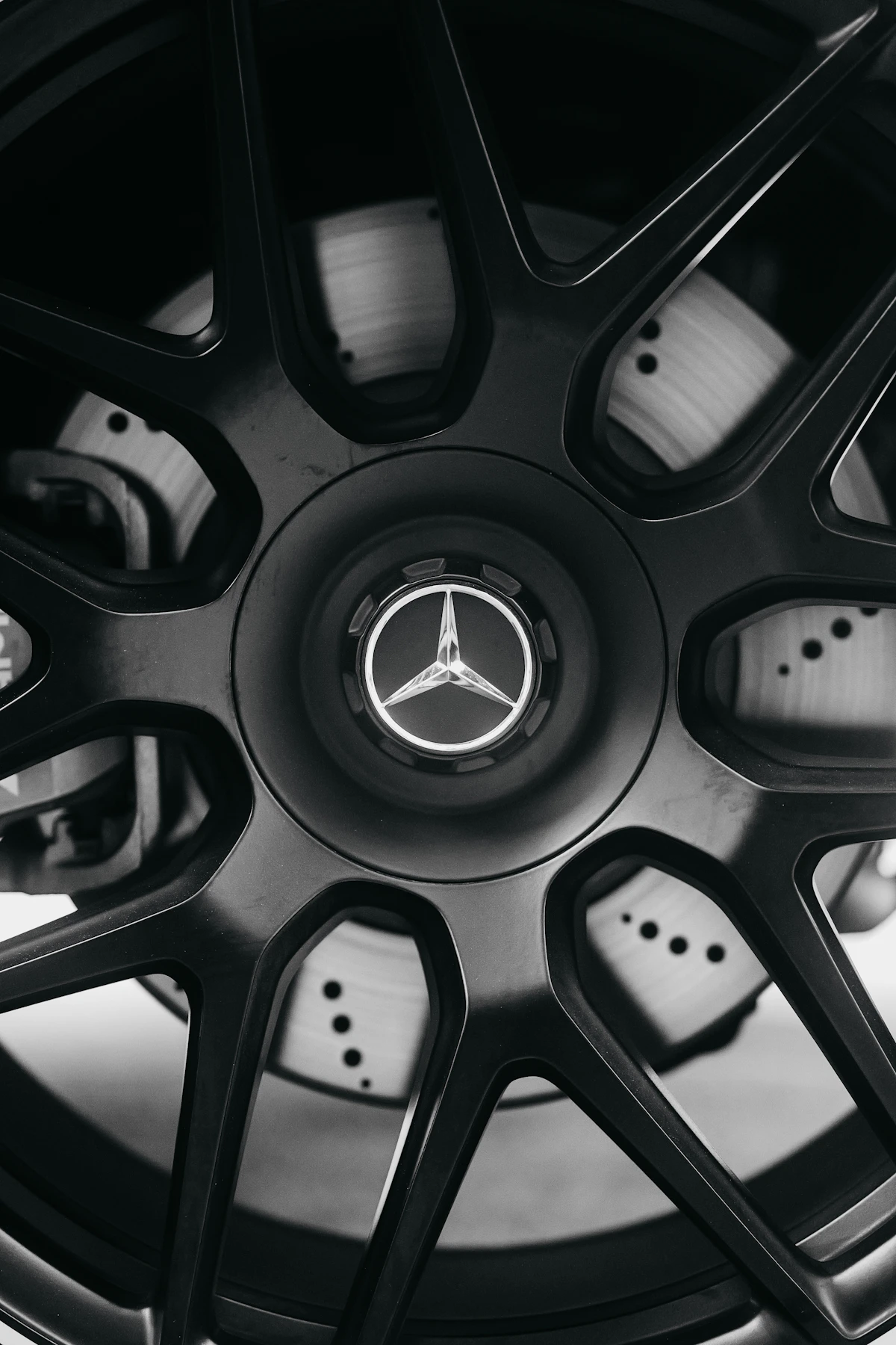 Monochrome close-up of AMG wheel