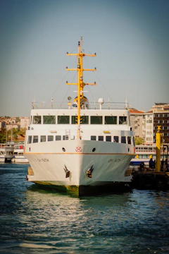 A white ferry boat docked at a pier.