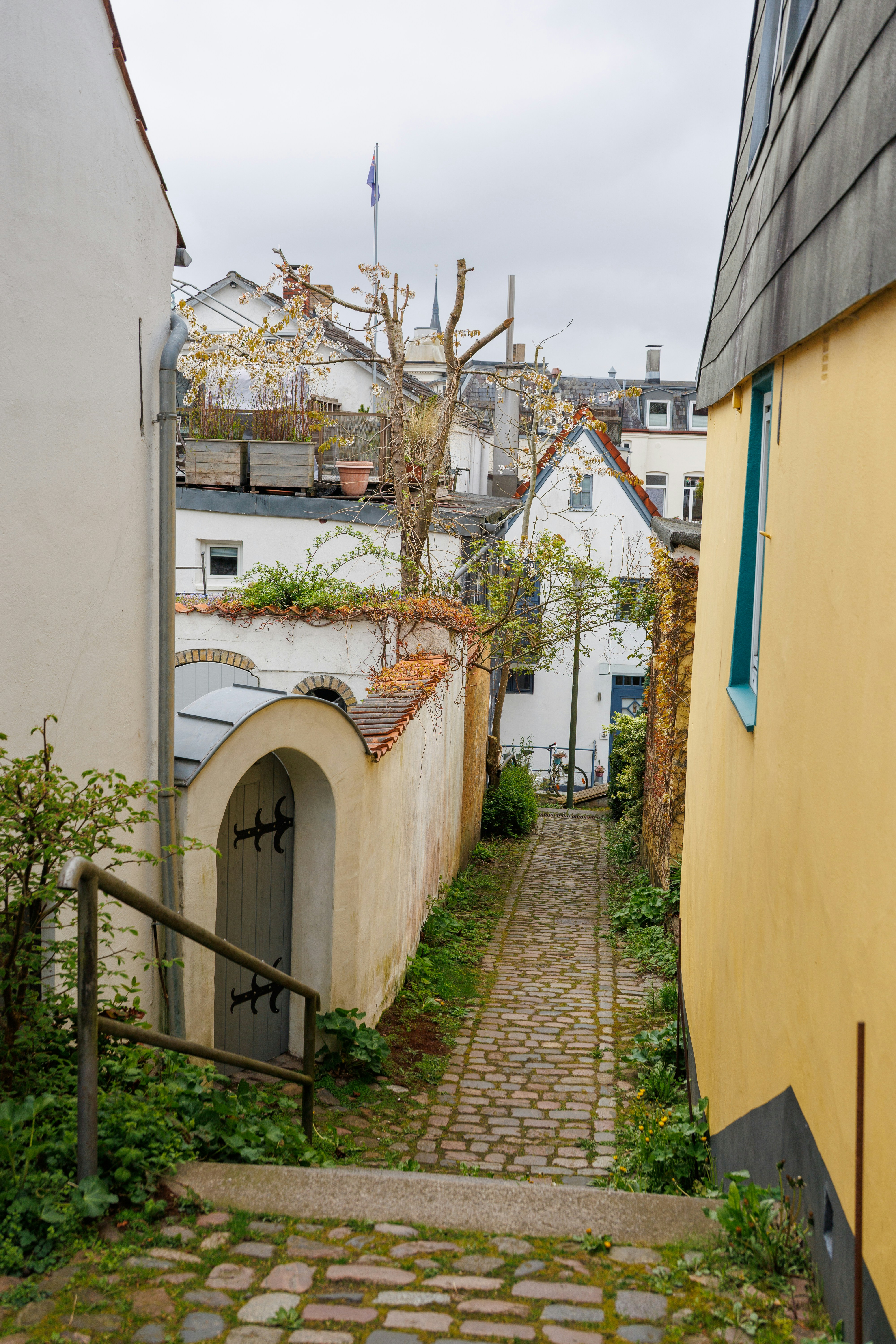 Narrow cobblestone alleyway between old buildings