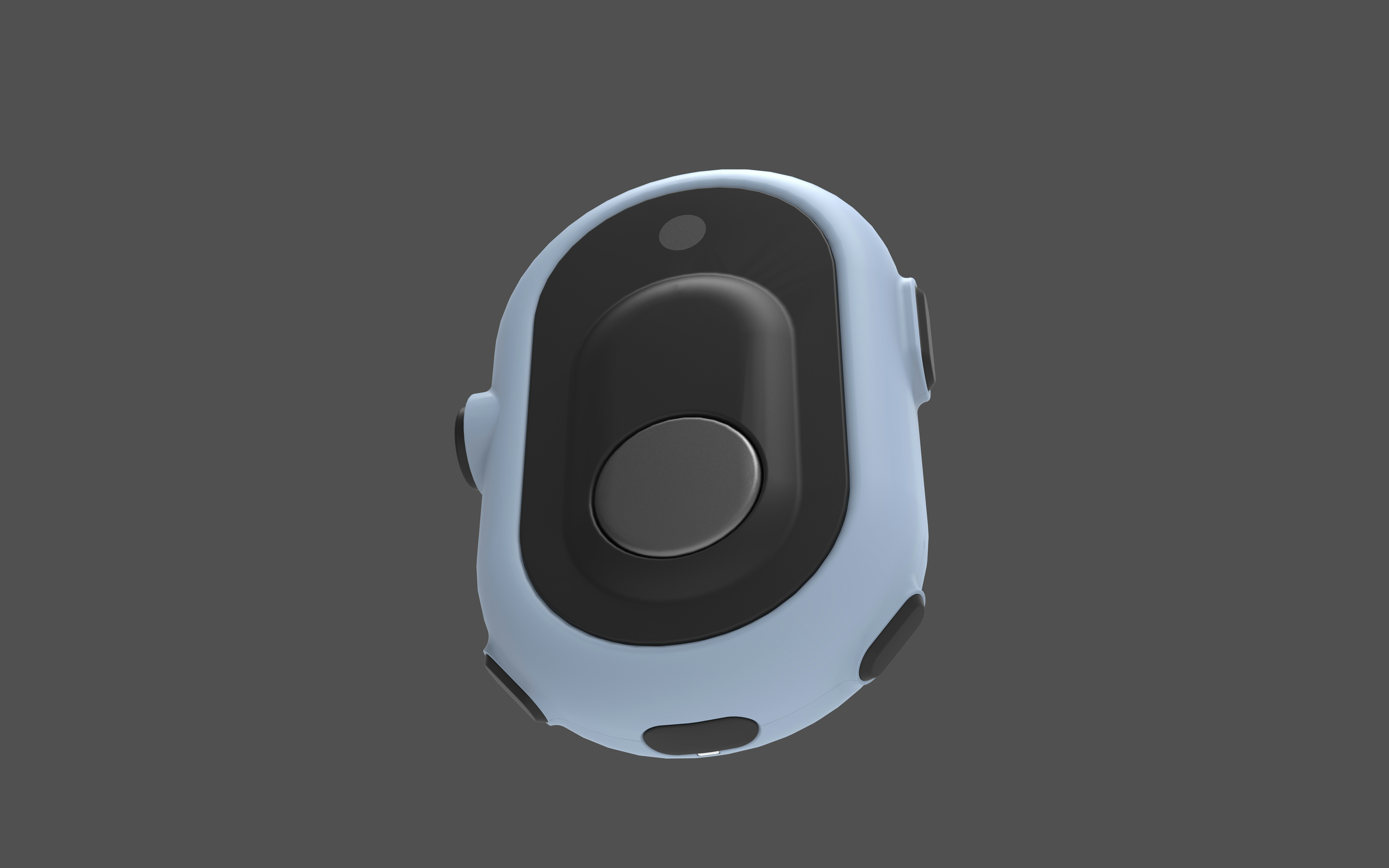 A futuristic light blue device with a dark center.