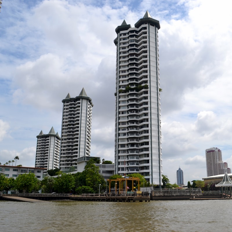 Modern buildings by river